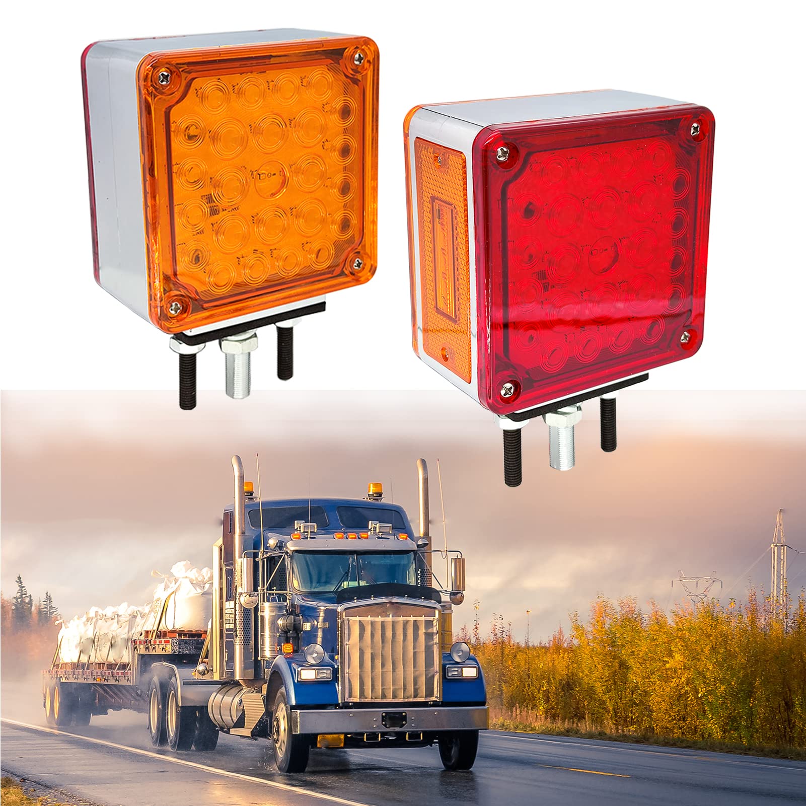 2 PCS Amber/Red Double-Face Pedestal Fender Light with Stud Mount, Square 52 LED Stop Turn Tail Signal Trailer Light for Semi Trucks Peterbilt Kenworth Freightliner Towing Dual-Face Orange Waterproof