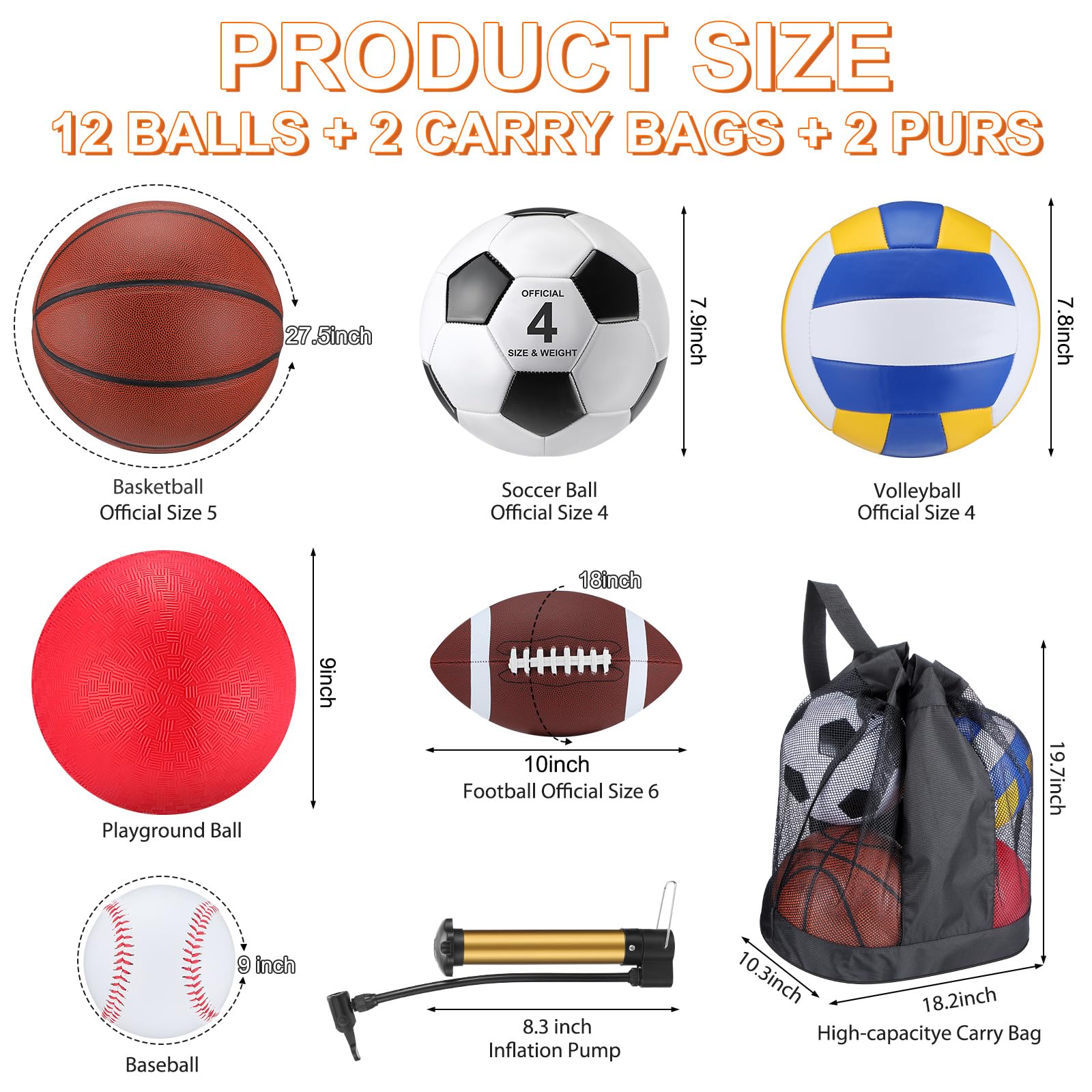 Deekin 12 Pcs Assorted Sport Ball Set Official Size Basketball, Football, Volleyball, Soccer, Baseball, Playground Ball with Bag and Pump Gift for Kid Youth Adult(Classic,Youth Kids)