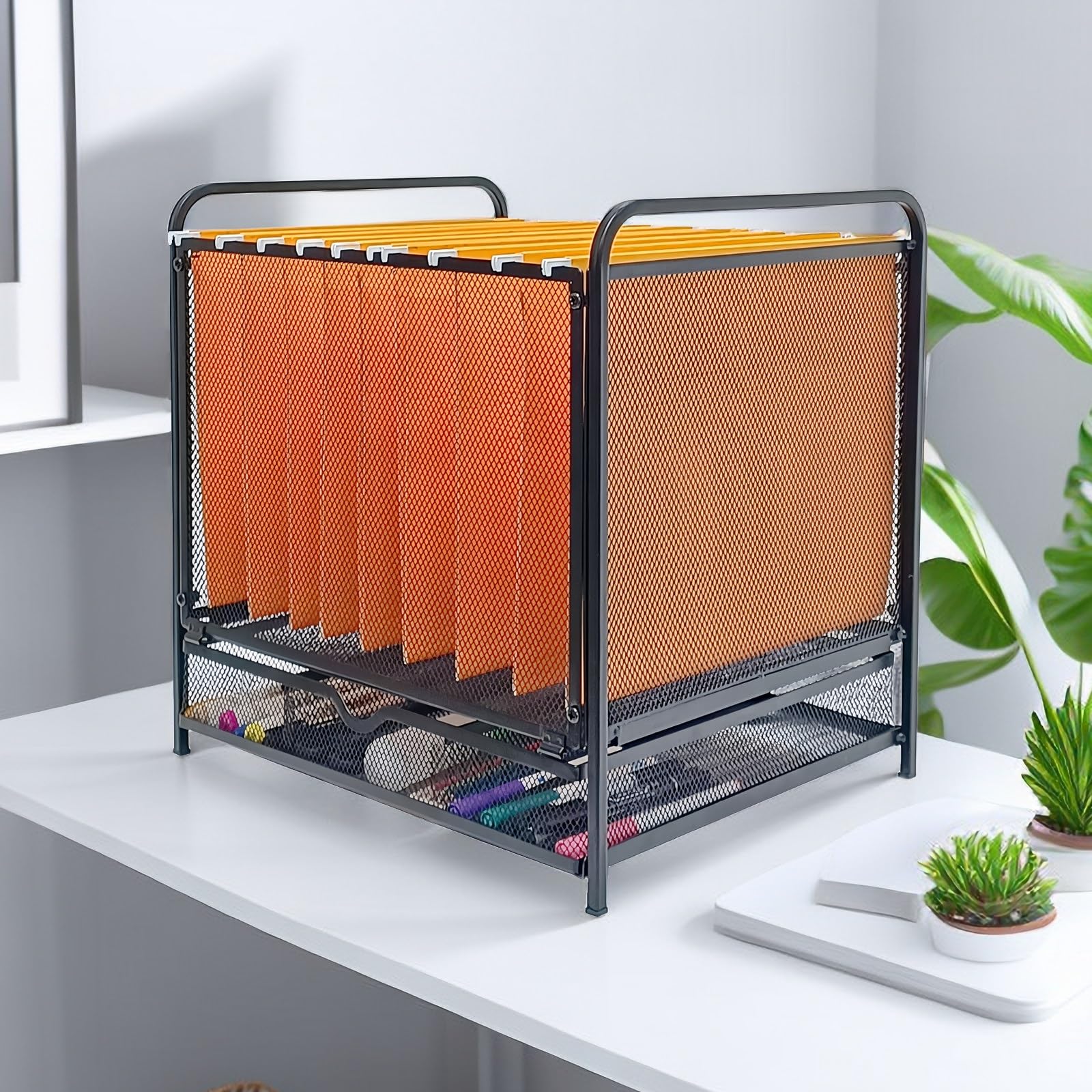 SETTFRFE Hanging File Folder Organizer with Drawer,File Holder for Desk,Mesh File Bins for Hanging Files,Letter Size,Black