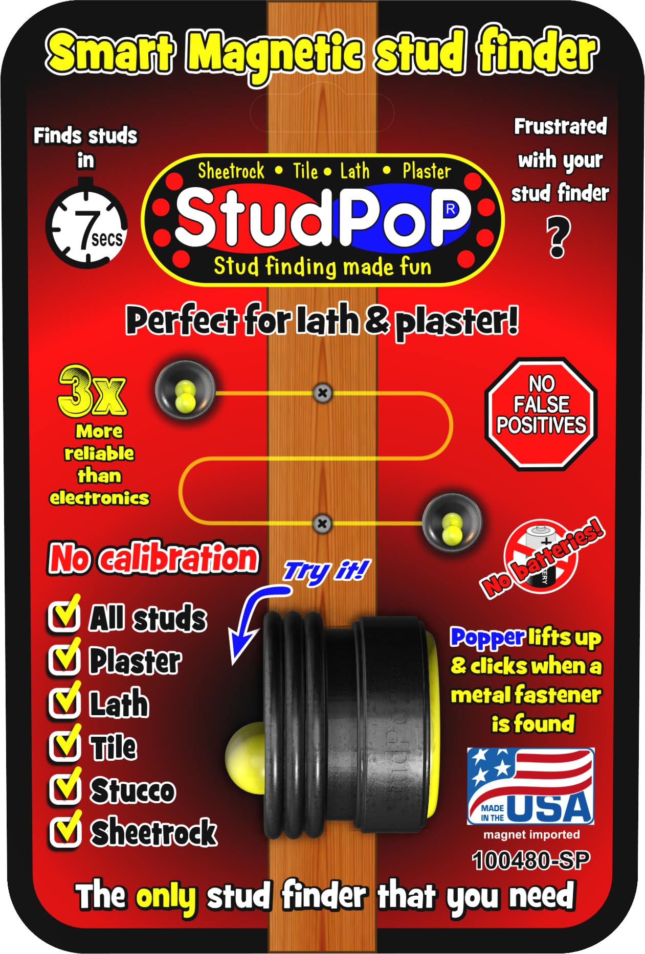 StudPoP® "Original" Smart Magnetic Stud Finder – No Batteries, No Calibration, 3x More Reliable, Perfect for Lath & Plaster, Metal Studs – Visual & Audible Indicator, Simple & Fun to Use – 1" magnet