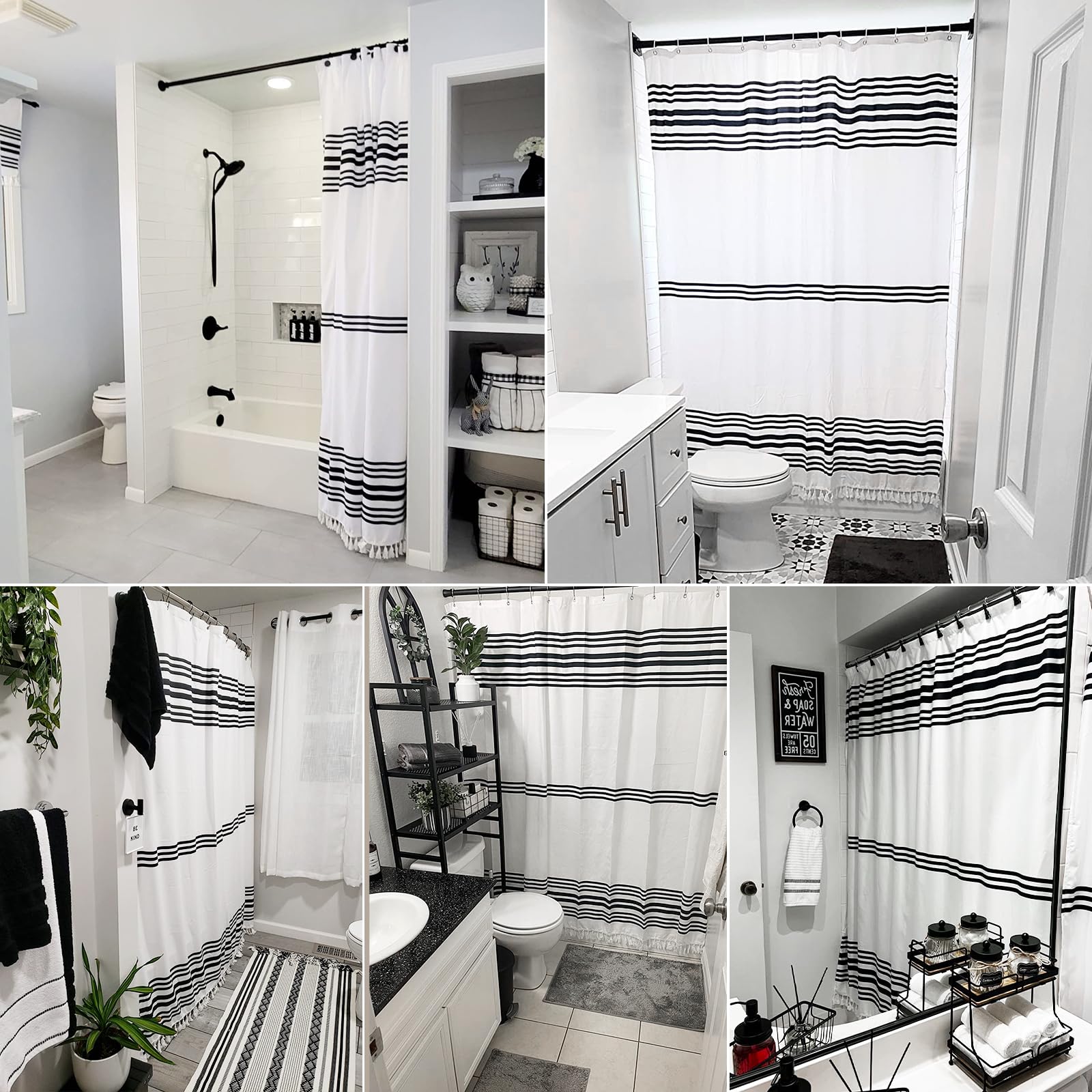 Seasonwood Black and White Shower Curtain with Tassels,Farmhouse Fabric for Bathroom,Heavy Weighted, 72 x 72