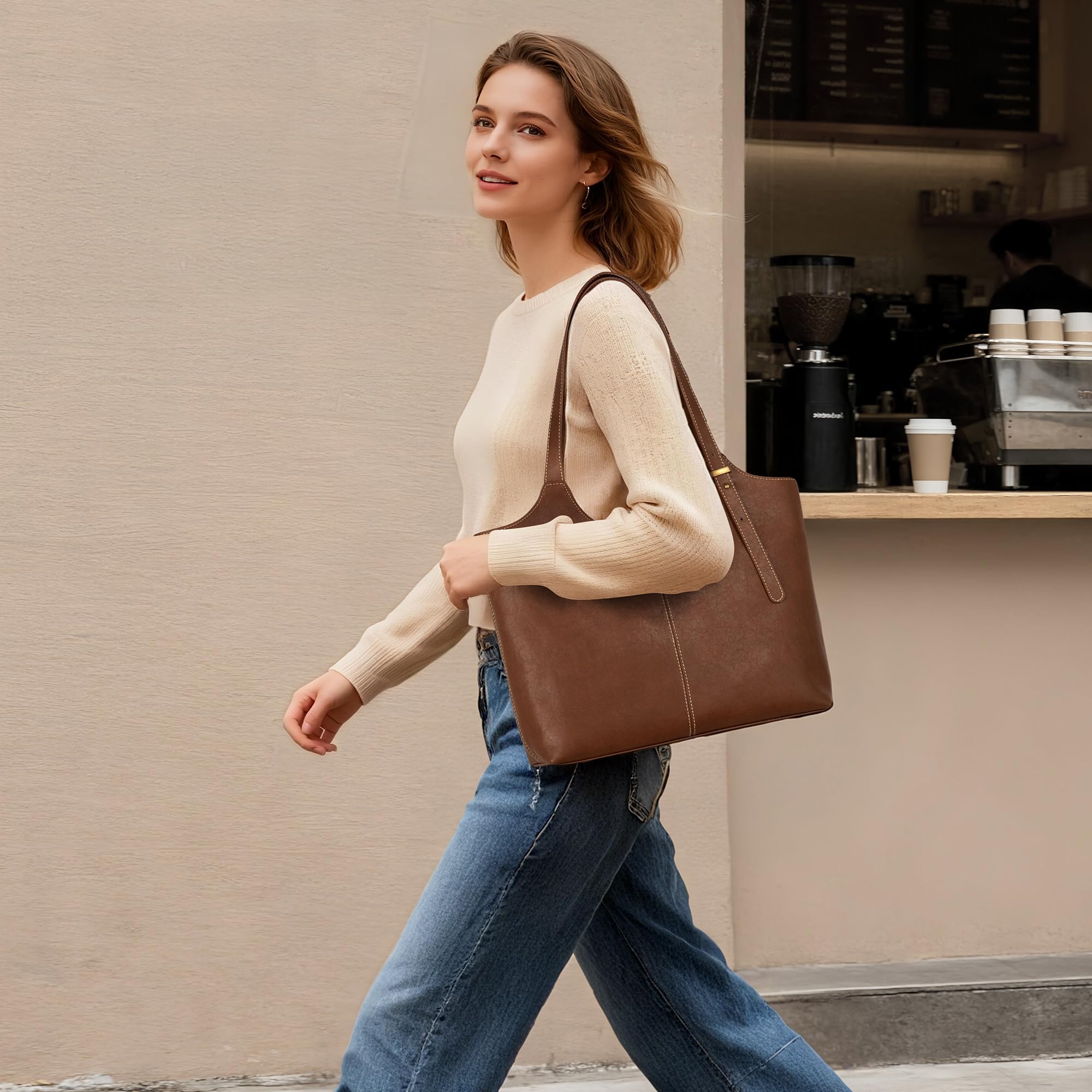 befen Genuine Leather Tote Bags for Women Work, Real Brown Leather Shoulder Handbags Zippered Satchel Purses with Adjustable Strap for Casual Shopping Travel Taupe, Brown