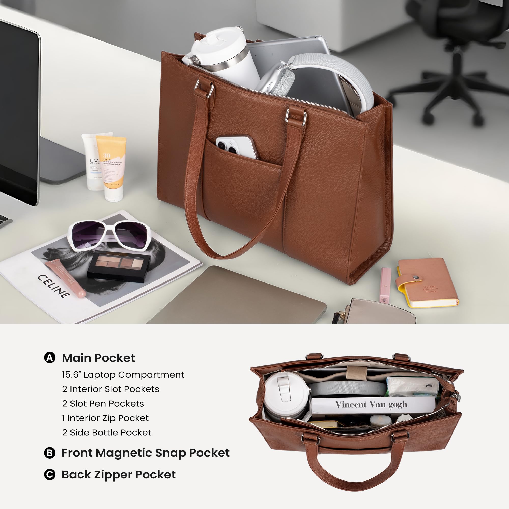 befen Genuine Leather Work Tote Bag for Women, Women's 15.6 Inch Work Bags Totes Purse Shoulder Purses Handbags Cognac Brown