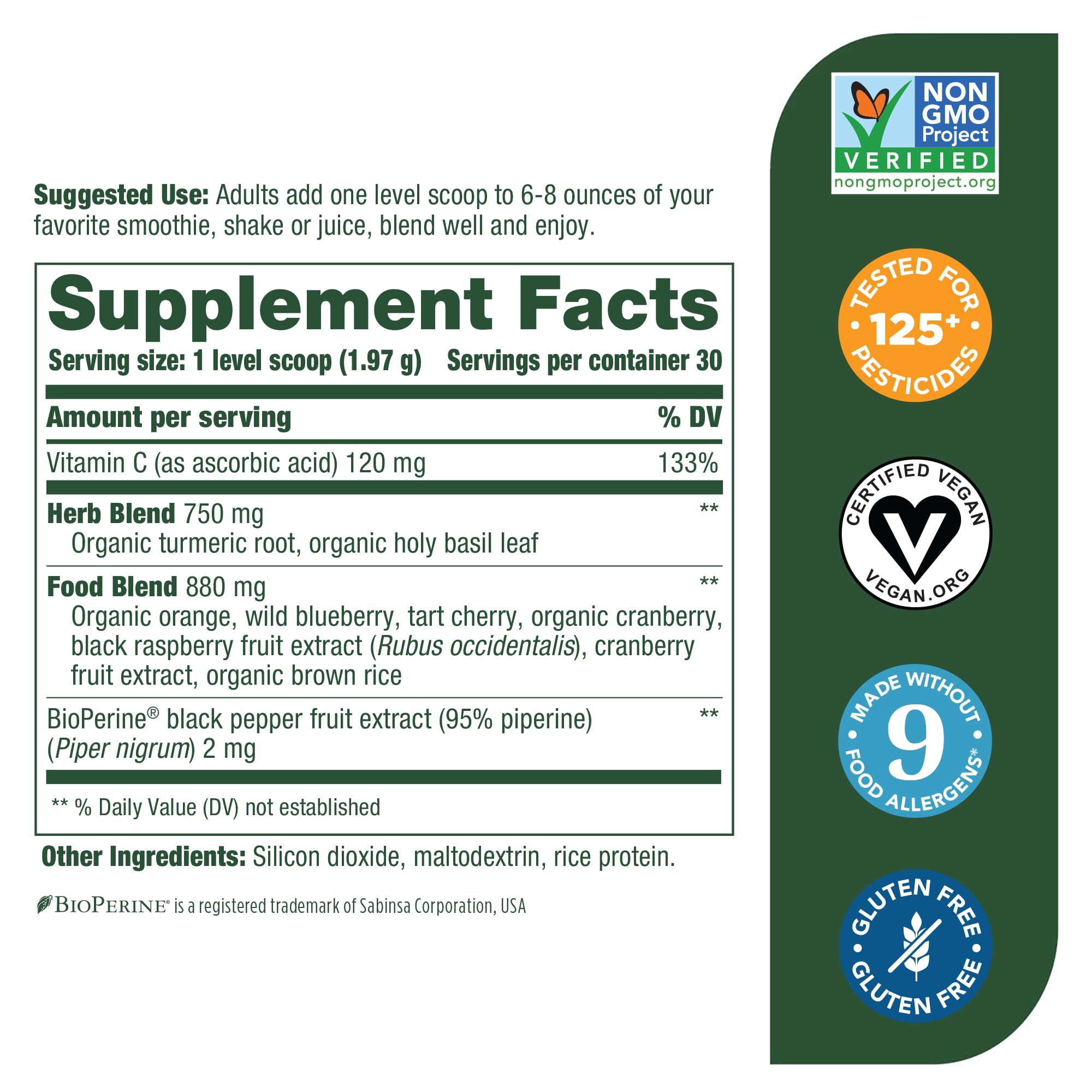 MegaFood Daily Turmeric Nutrient Booster Powder - Turmeric Supplement -with Black Pepper Extract, Tart Cherry & Vitamin C - Vegan - Made Without 9 Food Allergens - 2.08 Oz (30 Servings)