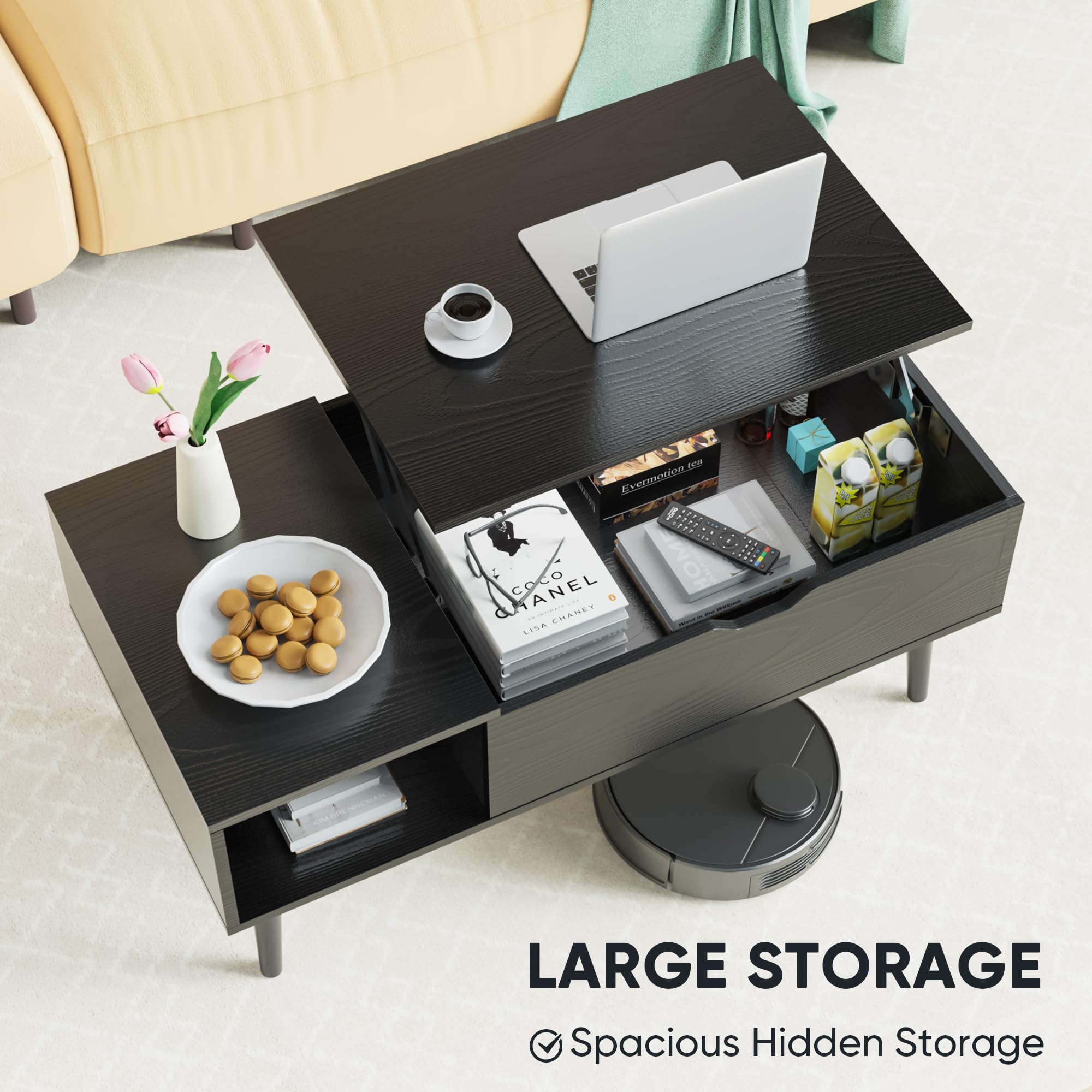 DUMOS Lift Top Coffee Tables for Living Room Apartment, Rising Tabletop Wooden Coffee Table Desk with Storage Shelf and Hidden Compartment, Black