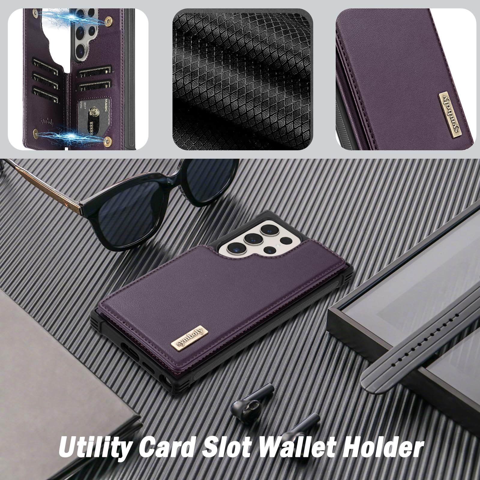 symboly for Samsung Galaxy S24 Ultra Wallet Case with Kickstand, Flip Card Holder Leather Cover Women Men Shockproof Protective case for Galaxy S24 Ultra Phone case (Purple)