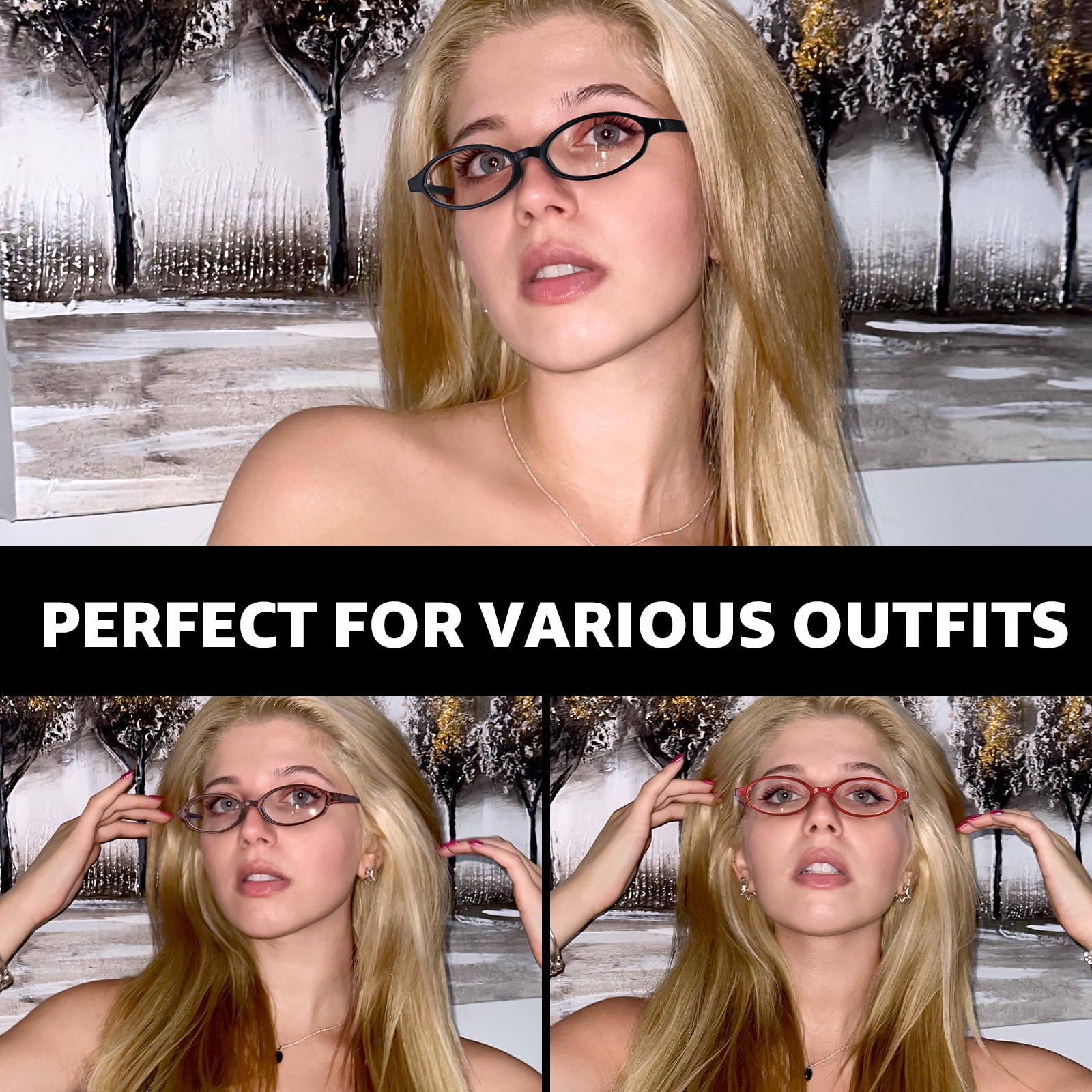 TJUTR Small Oval Glasses for Women, Office Siren & Bayonetta Glasses, Non-Prescription Blue Light Blocking Fashion Eyewear (B2 Black)