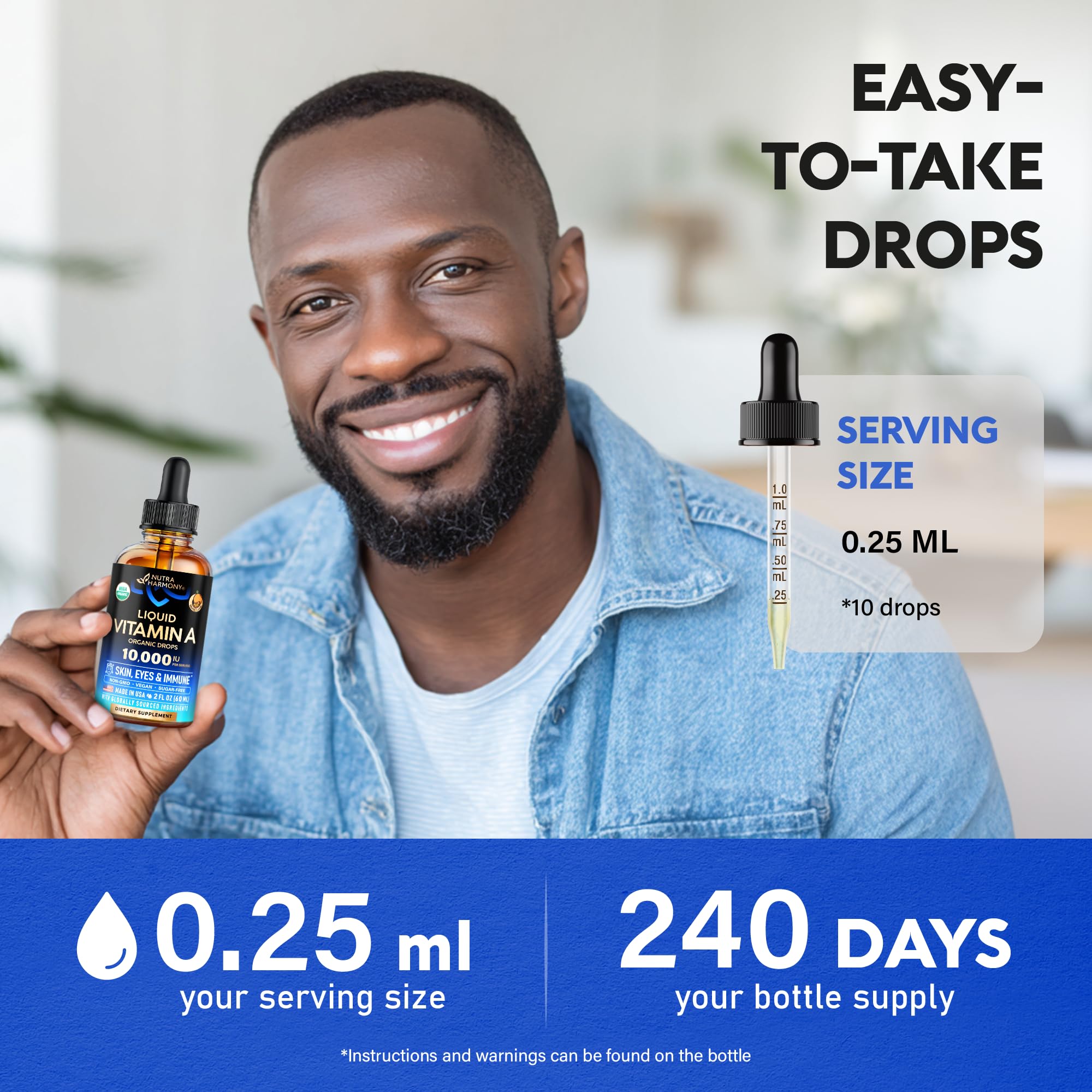 USDA Organic Vitamin A 10000 IU - Vitamin A Supplement Liquid Drops - Extra Strength for Skin Health, Eyes & Immune Support - Orange Flavour - Vegan & Sugar-free, Made in USA - 2 Fl Oz, 240-Day Supply