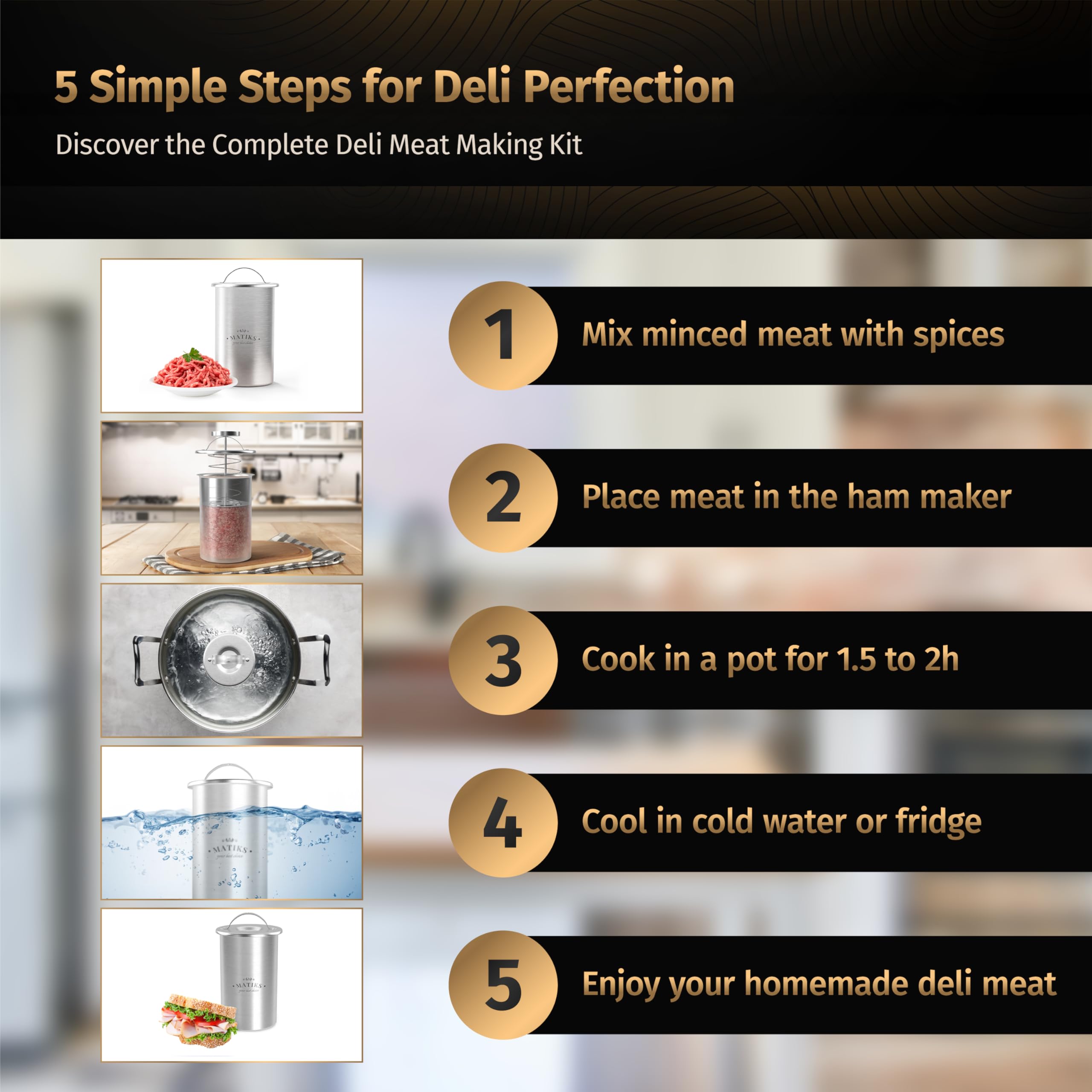 Matiks Deli Meat Press Mold for Deli Meats - Make Your Own Healthy Homemade Ham with This Stainless Steel Lunch Meat Press Maker - Our Ham Maker Includes Bonus Thermometer, Recipes and Cooking Bags