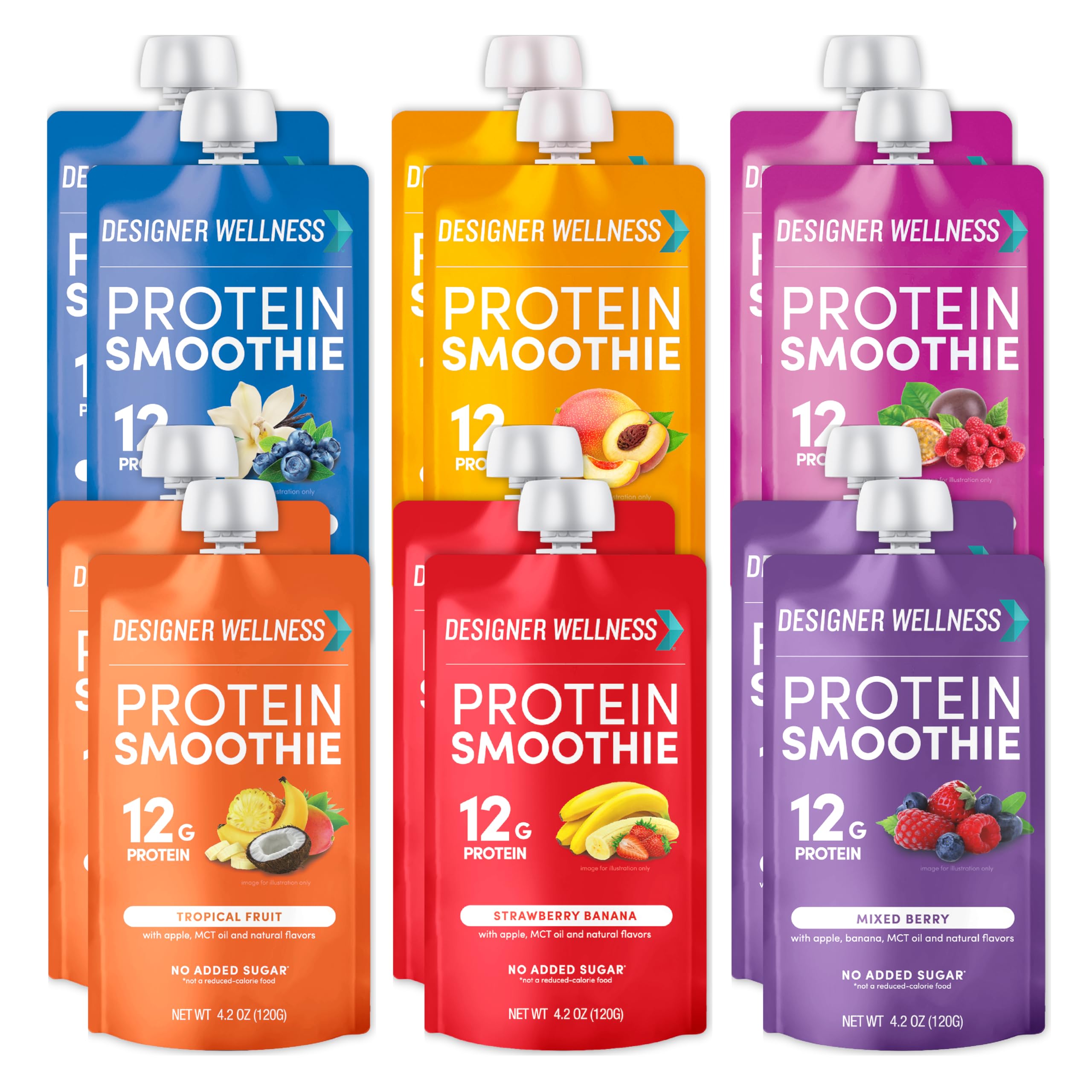 Designer Wellness Protein Smoothie, Real Fruit, 12g Protein, Low Carb, Zero Added Sugar, Gluten-Free, Non-GMO, No Artificial Colors or Flavors, Mix Variety, 12 Count