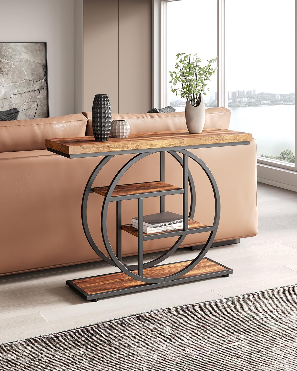 LITTLE TREE Console Table, 4-Tier Entryway Table, 41.3-Inch Industrial Sofa Table for Living Room, Foyer Hallway Table for Entrance, Rustic Brown and Black