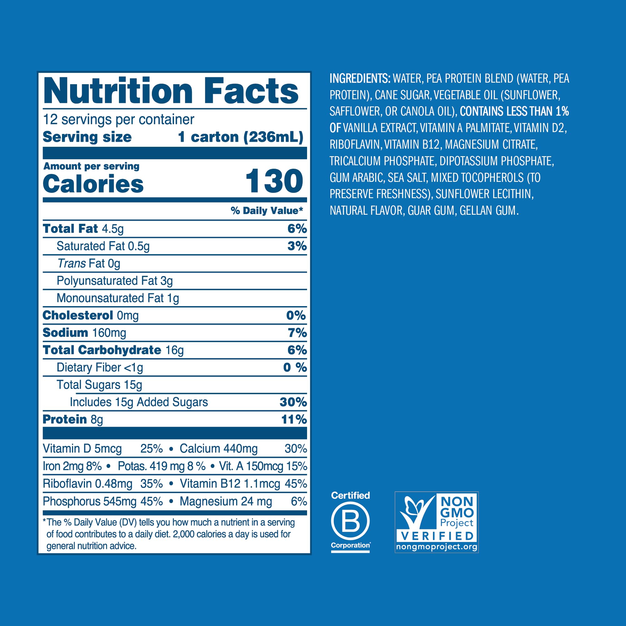 Ripple Non-Dairy Milk, Vanilla | Vegan Milk With 8g Pea Protein | Shelf Stable Single Serve Cartons | On-The-Go | Non-GMO, Plant Based, Gluten Free | 8 oz (Pack of 12)