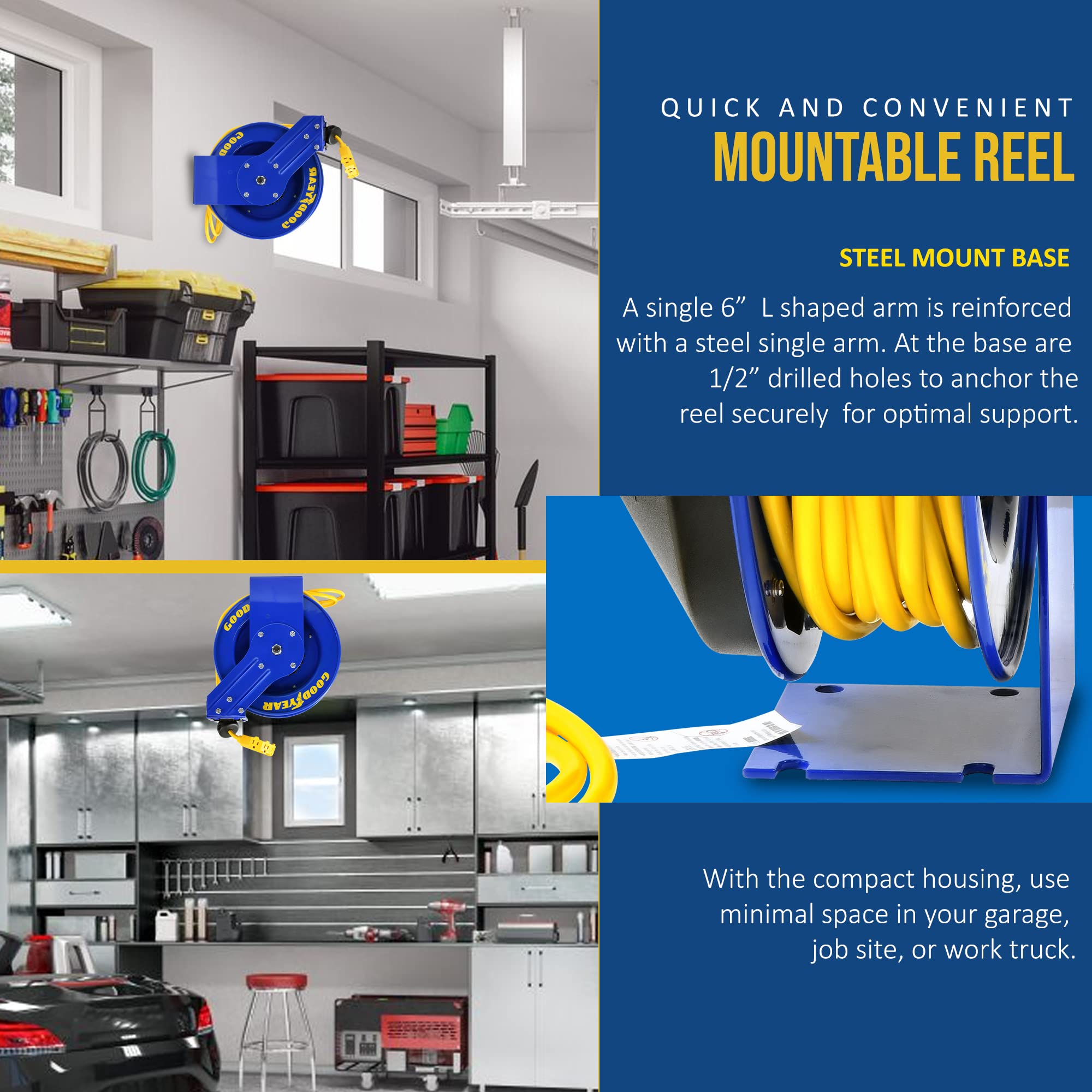 Goodyear Extension Cord Reel Retractable 12AWG x 50' Feet 3C SJTOW Cable Triple Tap Connector Power Rating 125 Volt AC 13 Amp 1625 Watt Industrial Steel Single Arm