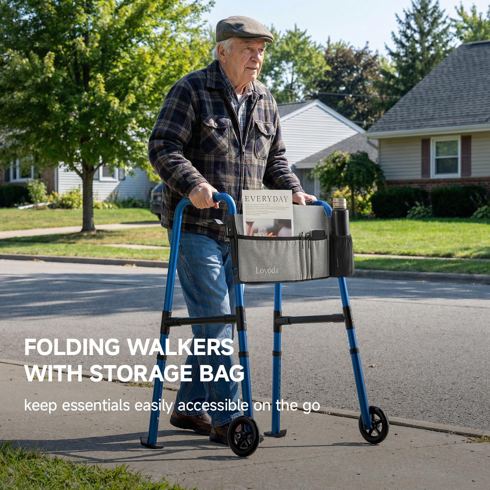 Loyoda Folding Walker for Seniors, Front Wheel Walker with Storage Bag & Rear Ski Glides, Height Adjustable, 350lbs Capacity, Blue