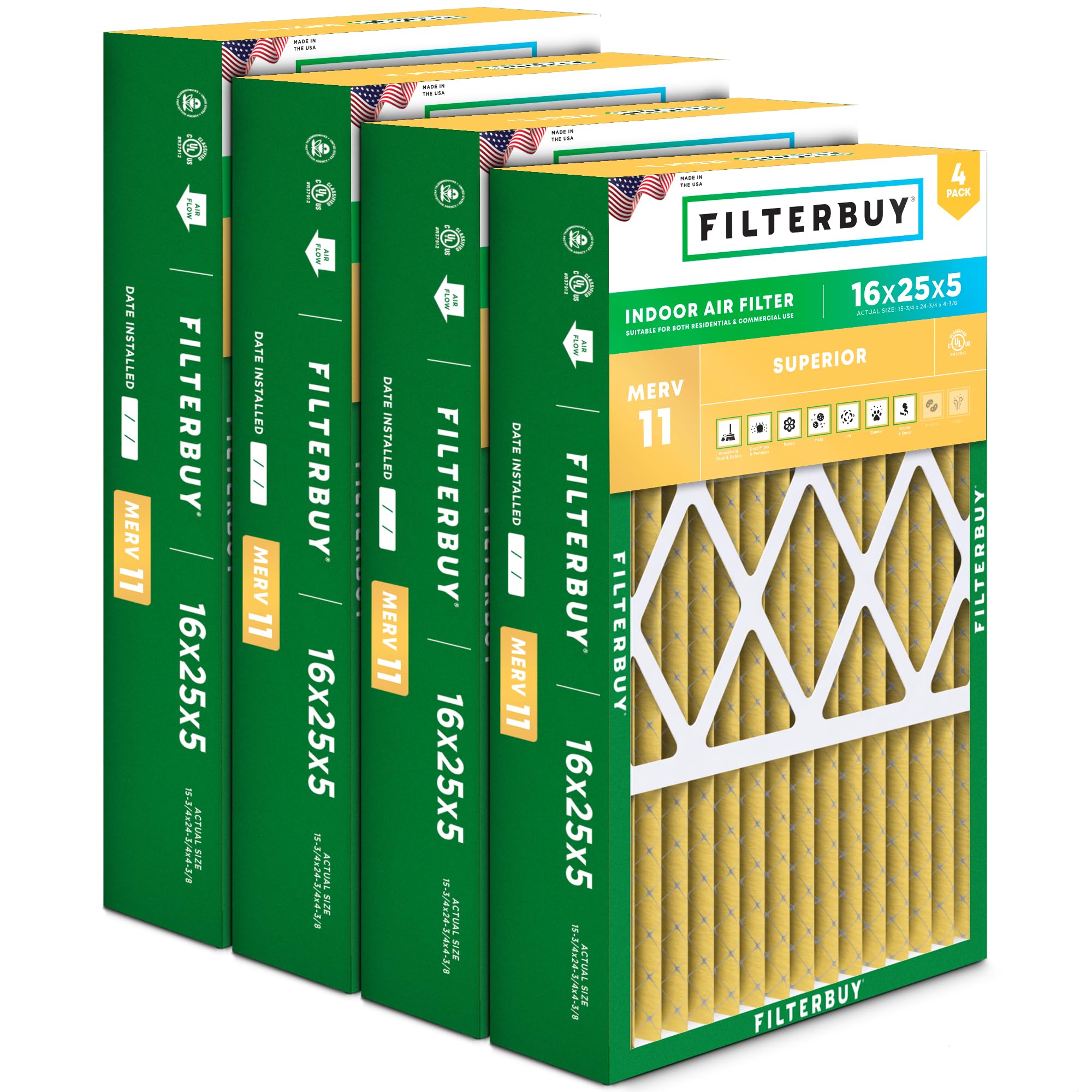Filterbuy 16x25x5 Air Filter MERV 11 Allergen Defense (4-Pack), Pleated HVAC AC Furnace Air Filters for Honeywell FC100A1029, Lennox X6670, Carrier, & More (Actual Size: 15.75 x 24.75 x 4.38 Inches)