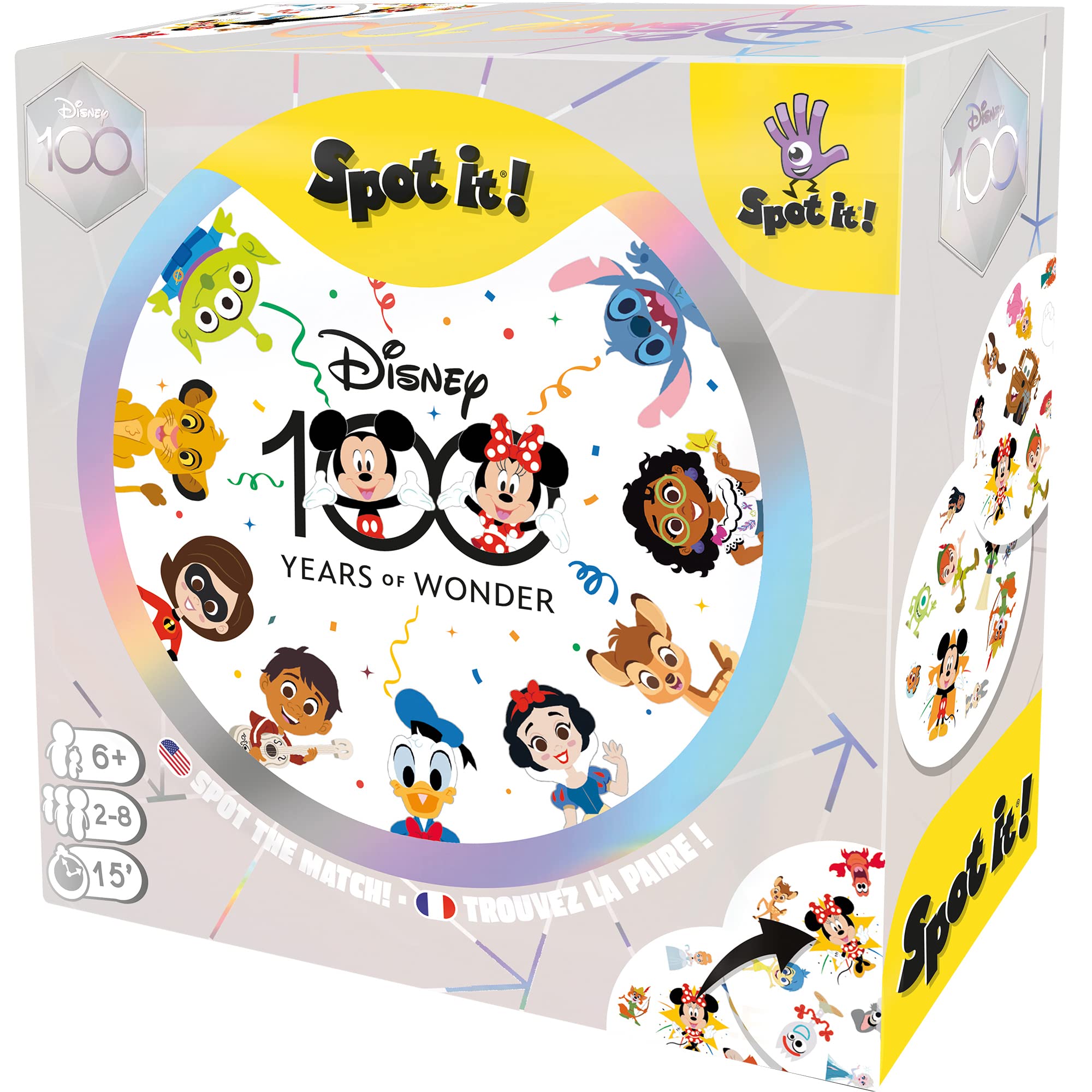 Spot It! Disney 100th Anniversary - Celebrate Disney & Pixar Characters in a Classic Observation Game! Fun Matching Game for Kids & Adults, Ages 6+, 2-8 Players, 15 Minute Playtime, Made by Zygomatic