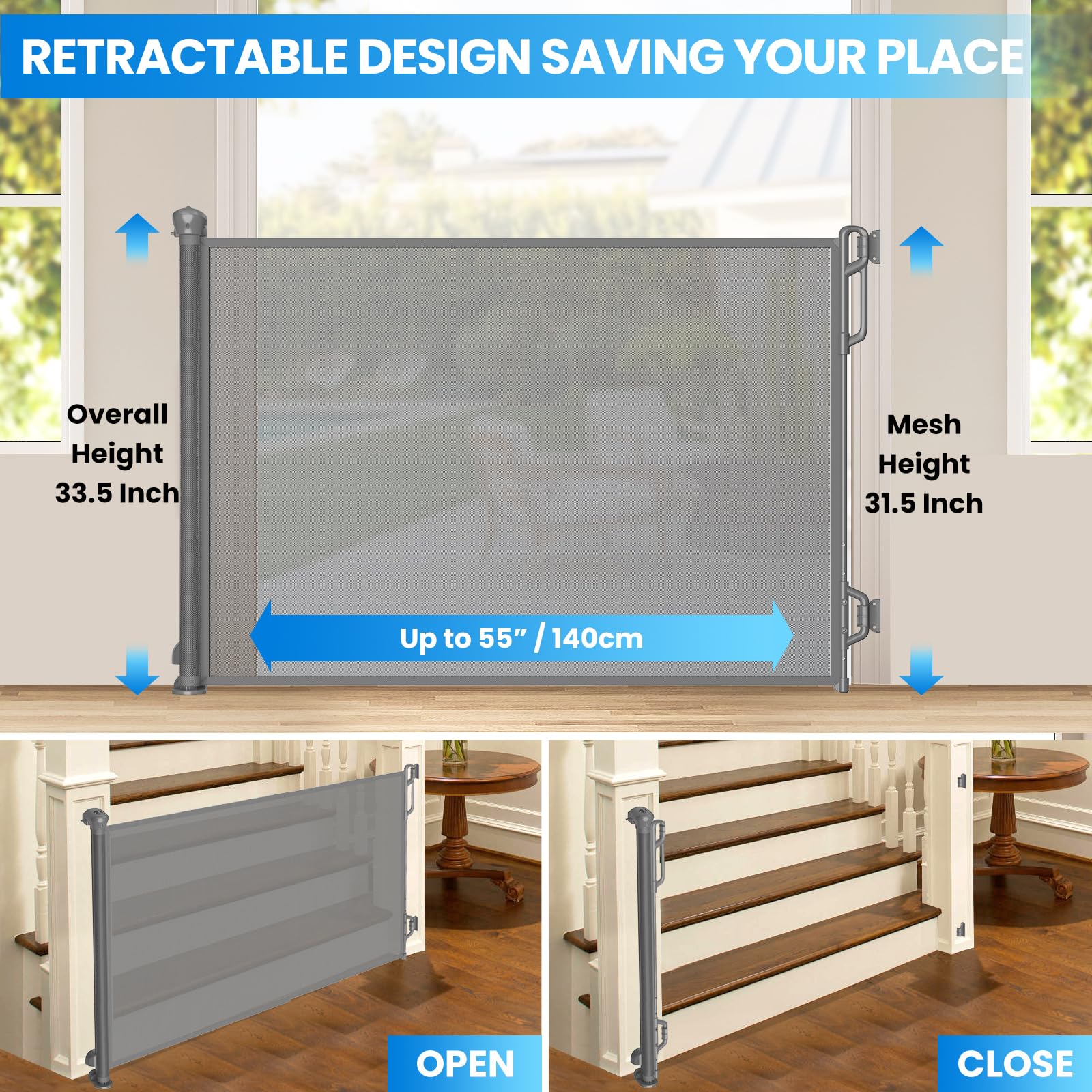 Spaceany Retractable Safety Baby Gate or Mesh Dog Gate,Durable Portable Mesh Retractable Gate,Easy to Use for Stairs, Doorways,Hallways, Indoor, Outdoor, 33.5" Tall, Extends to 55" Wide Gray