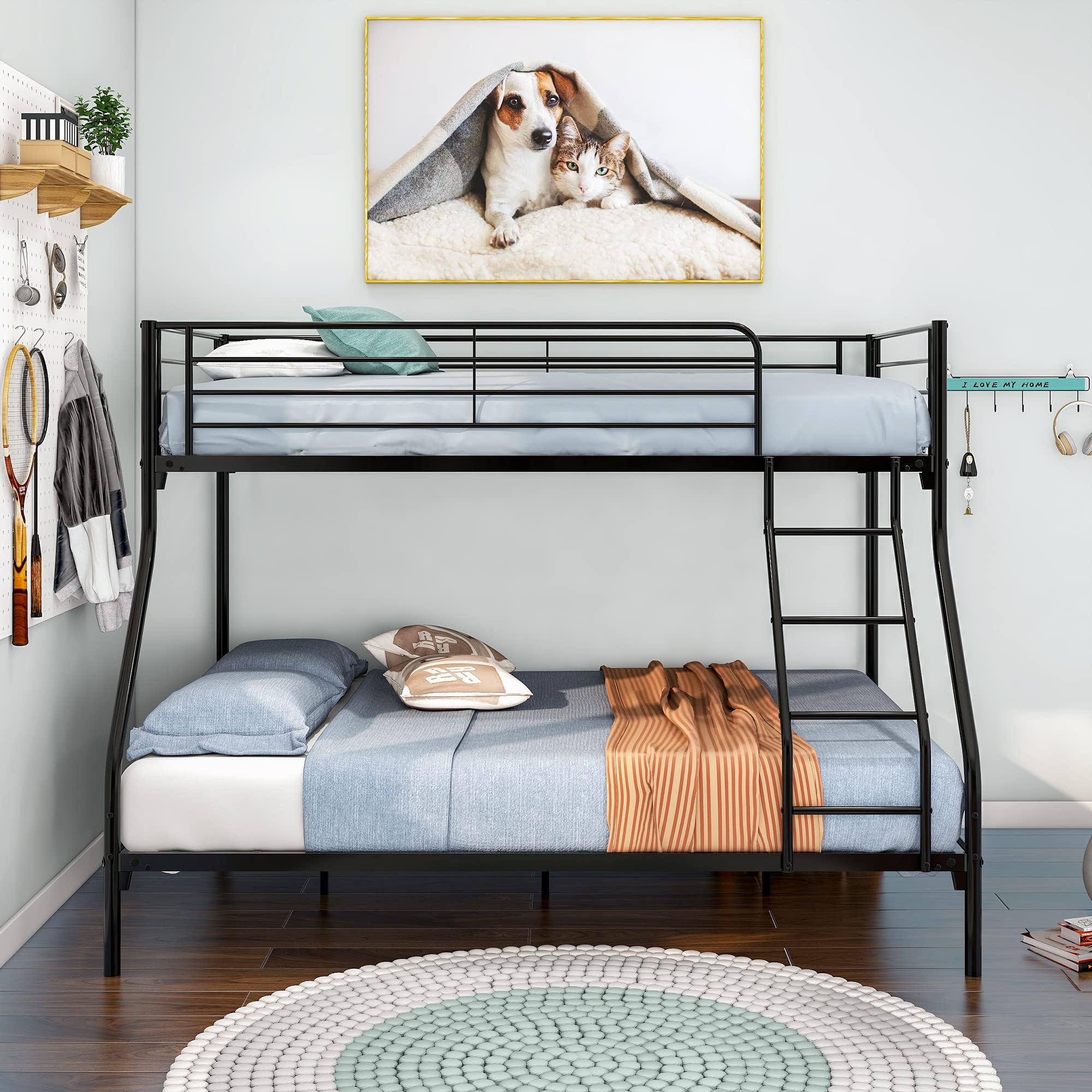 LostCat Twin Over Full Metal Bunk Bed,Heavy Duty Bunk Beds Frame w/Enhanced Upper-Level Guardrail and Ladders Suitable for Kids/Teen/Adults,No Box Spring Needed,Easy Assembly,Black