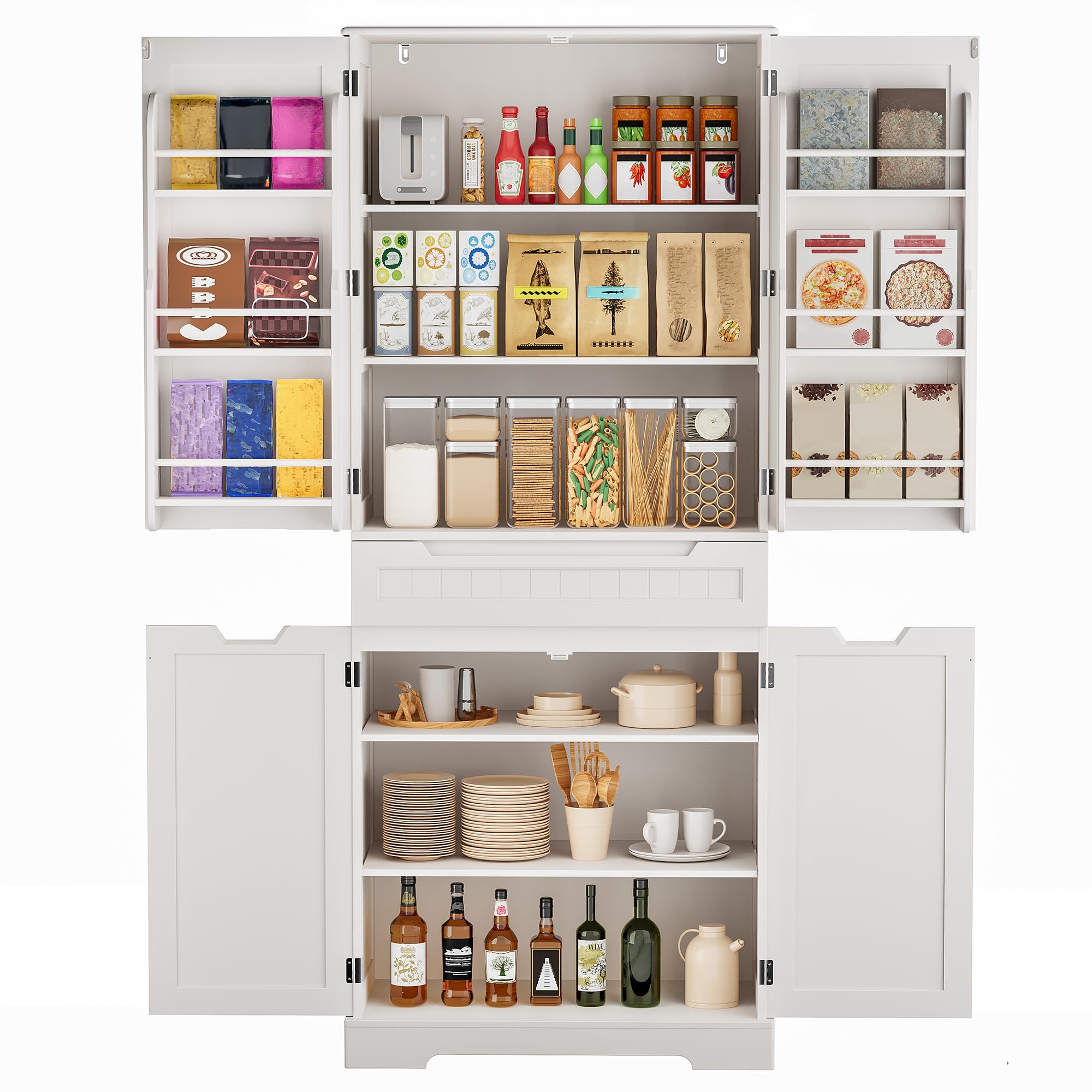 Gizoon 64" Tall Kitchen Pantry Cabinet with Doors and Shelves Large Stand Up Pantry Storage Cabinet with Drawer Large Food Cupboard for Kitchen Bathroom Craft Room, White