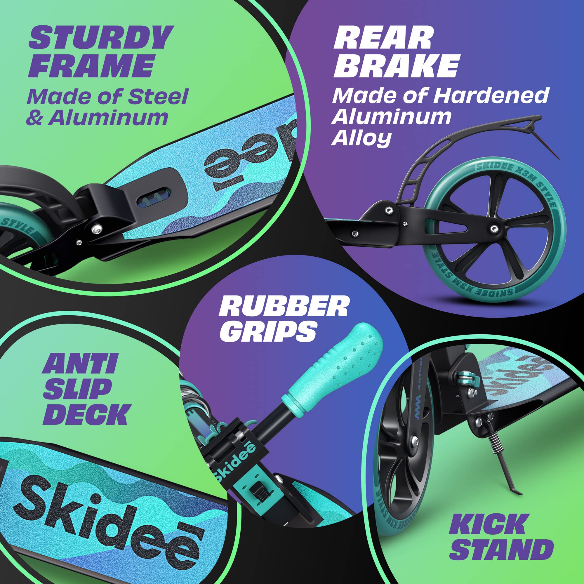 Skidee Kick Scooter for Kids Ages 6+ - Adjustable Handlebar Up to 41" High, Large Wheels, Anti-Shock Suspension - Foldable, Lightweight Scooters for Kids, Teens & Adults, Max Load 220 Lbs