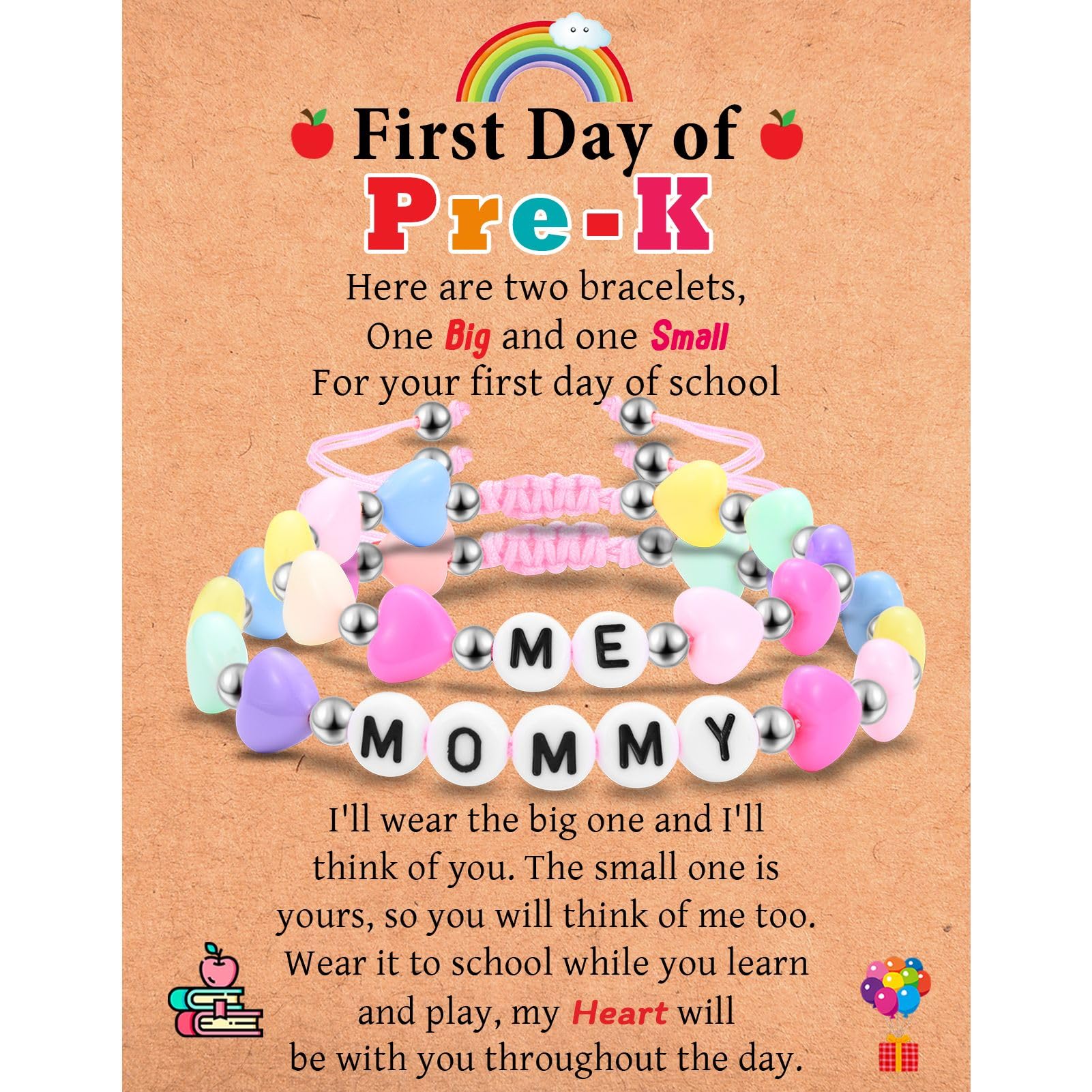IKIATY First Day of Preschool Bracelet Gifts, First Day of School Prek Bracelet Mommy and Me, Mother Mom and Daughter Heart Bracelets Set 2, Back to School Gifts for Girls Daughter