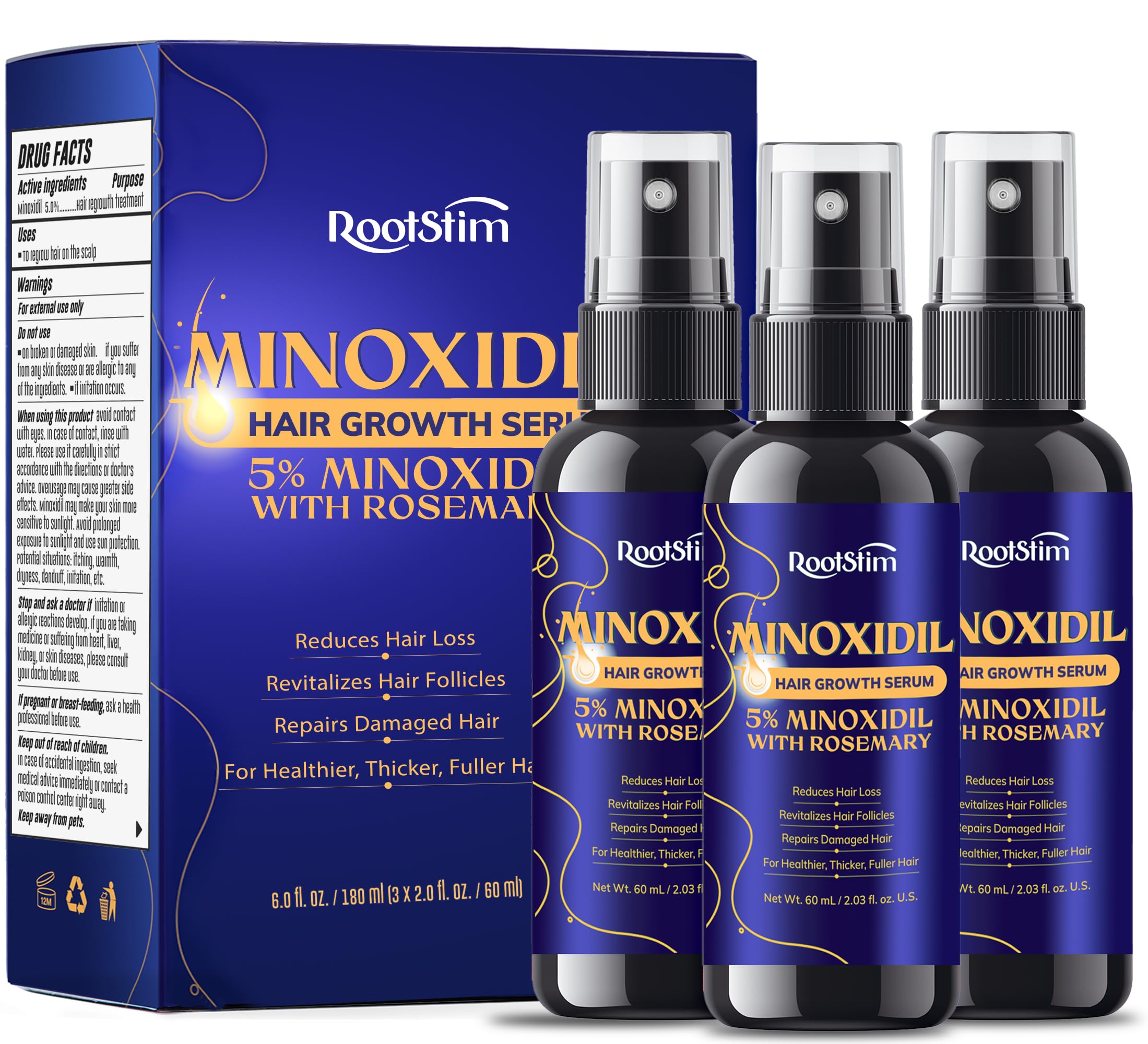 5% Minoxidil Hair Growth for Men and Women: 3-Pack RootStim Extra Strength Minoxidil with Rosemary for Thinning Hair Regrowth and Fuller Hair 180 ML