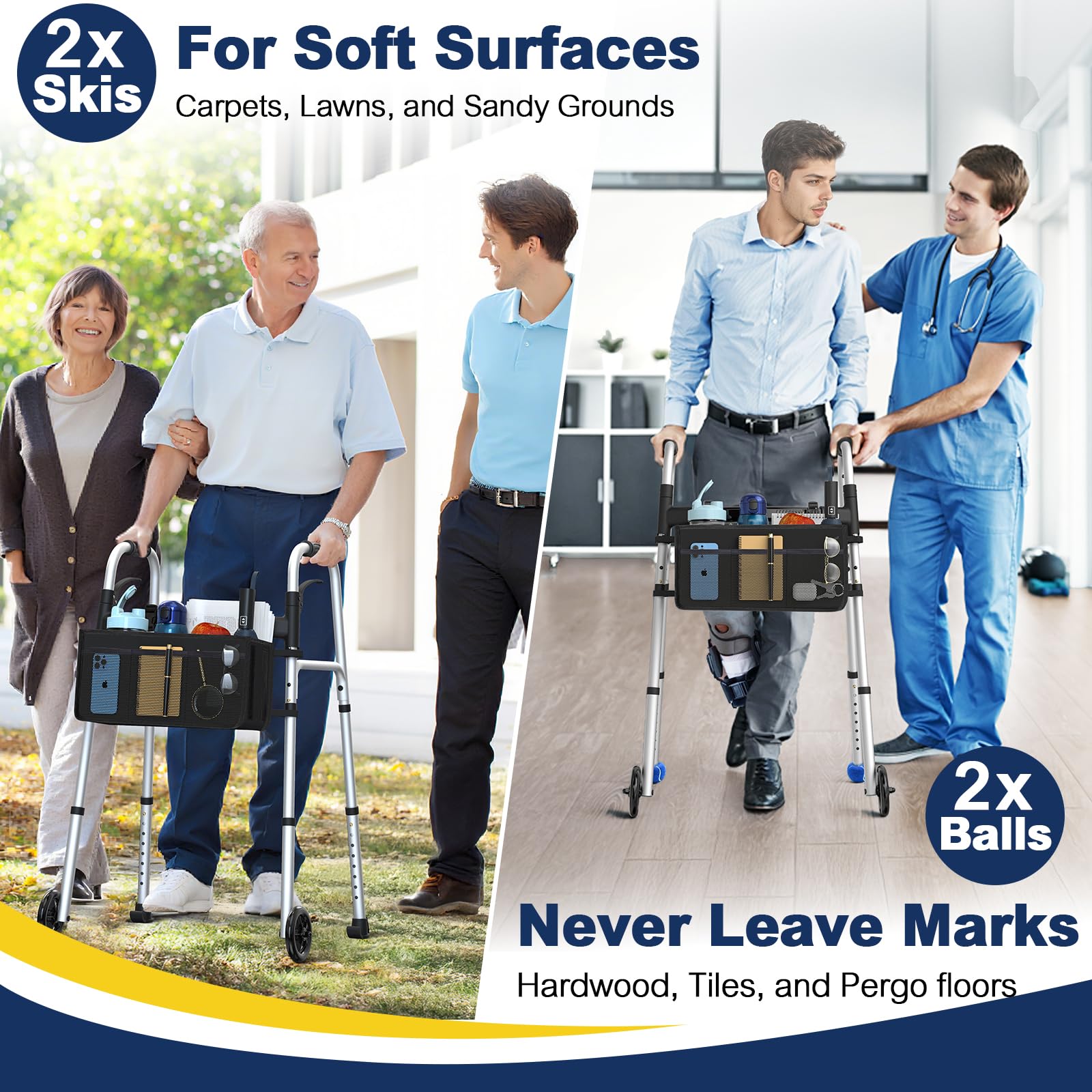 HolyHeal Folding Walker with 2 Precut Tennis Balls, Lightweight Walkers for Seniors with Wheels, Support Up to 350 lbs, Height Adjustable Standard Compact Walker & Ski Glides