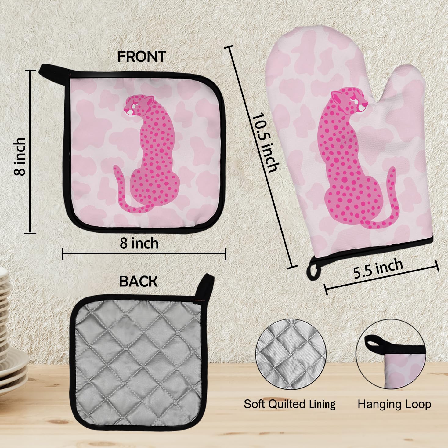 Mingnei Hot Pink Cheetah Oven Mitts and Pot Holders Sets, Funky Pink Leopard Heat Resistant Potholder Kitchen Decor for Cooking Baking BBQ Grilling, Trendy Preppy Animal Oven Glove Set Kitchen Decor