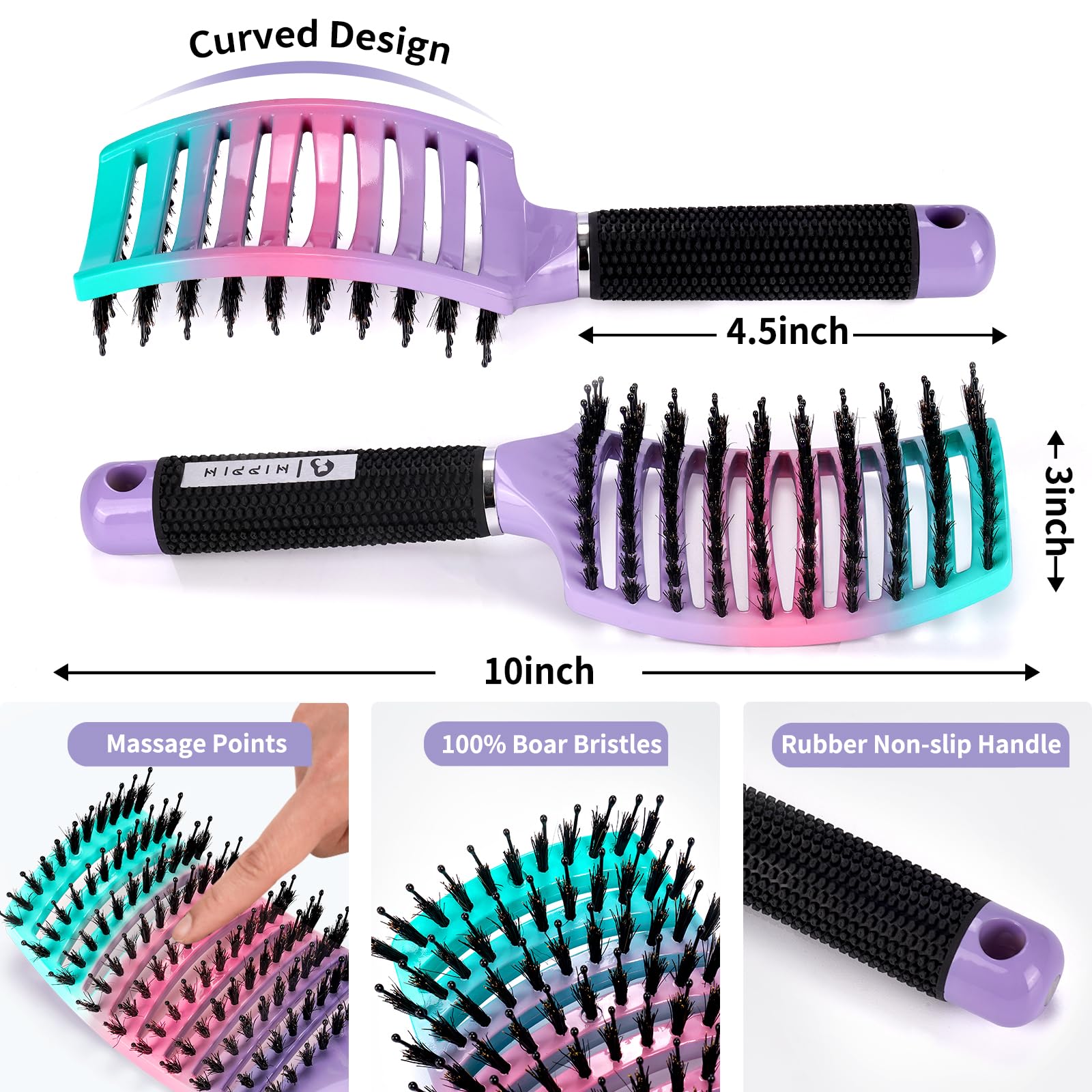 Detangling Brush 2 Pack, HIPPIH Detangler Hair brush for Adult & Kids’ Wet or Dry Hair, Boar Bristle Hair Brush Getting Knots Out without Pain Adds Shine and Makes Hair Smooth Purple
