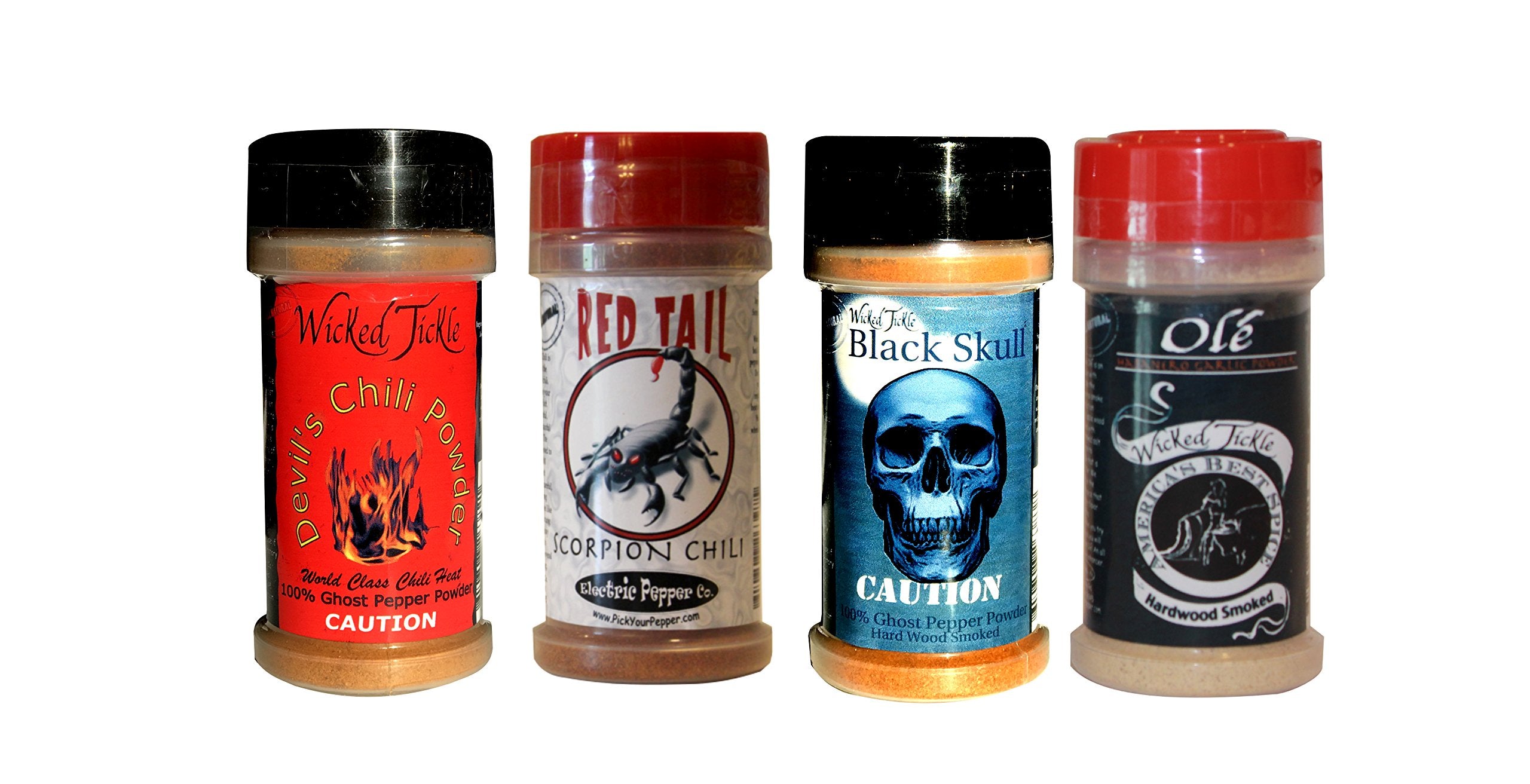 Wicked Tickle Chili Powder Gift Set, 4 Pack – Ghost, Smoked Ghost, Scorpion, Habanero Garlic Salt, 2 oz Bottles