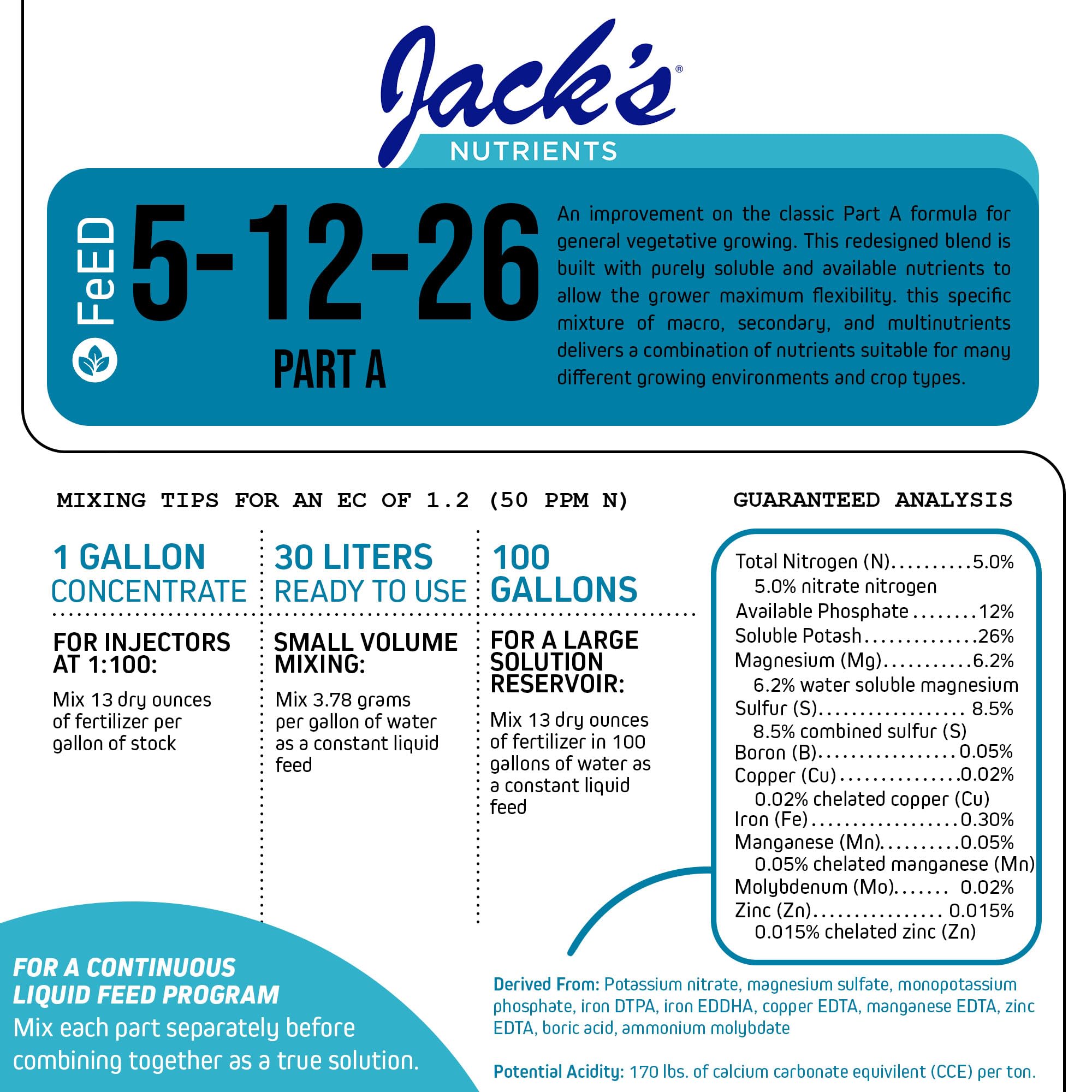 Jack's Classic Nutrients Hydroponic 5-12-26 Professional Fertilizer Part A, 25 lbs