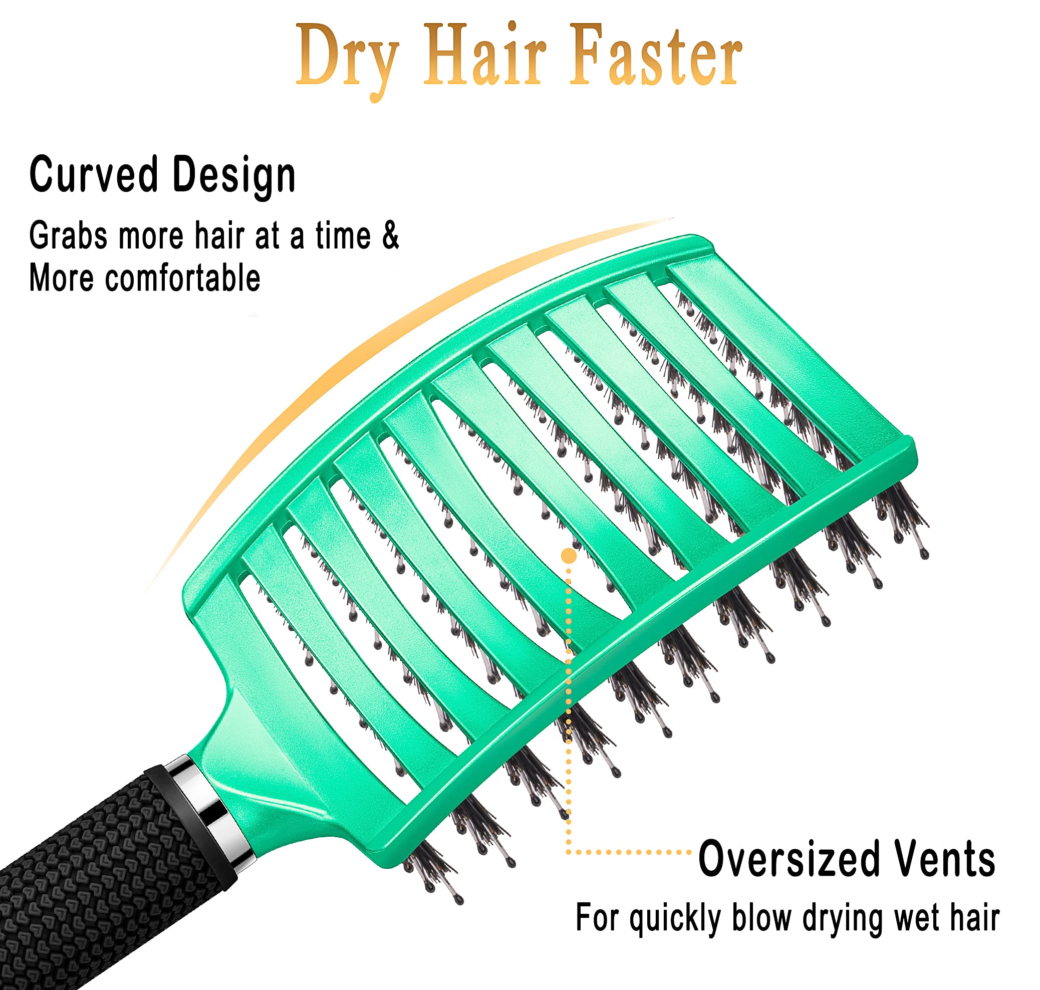 KTKUDY Detangling Brush Getting Knots Out without Pain - Boar Bristles Hair Brush Make Hair Shiny & Healthier Vented Detangler Brush for Women Men Kids Wet and Dry Hair (Gold & Green)