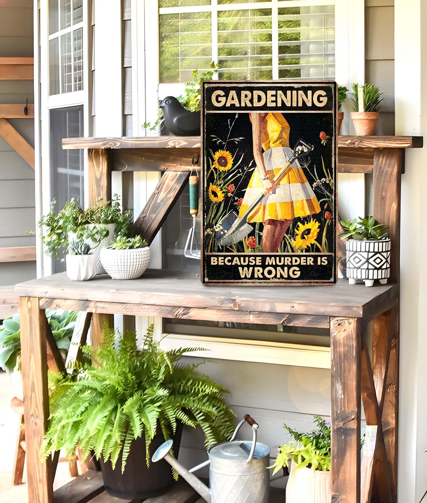 CrazySign Funny Garden Decor Garden Gifts Gardening Because Murder Is Wrong Metal Garden Sign Outdoor, 12" x 8", (263)