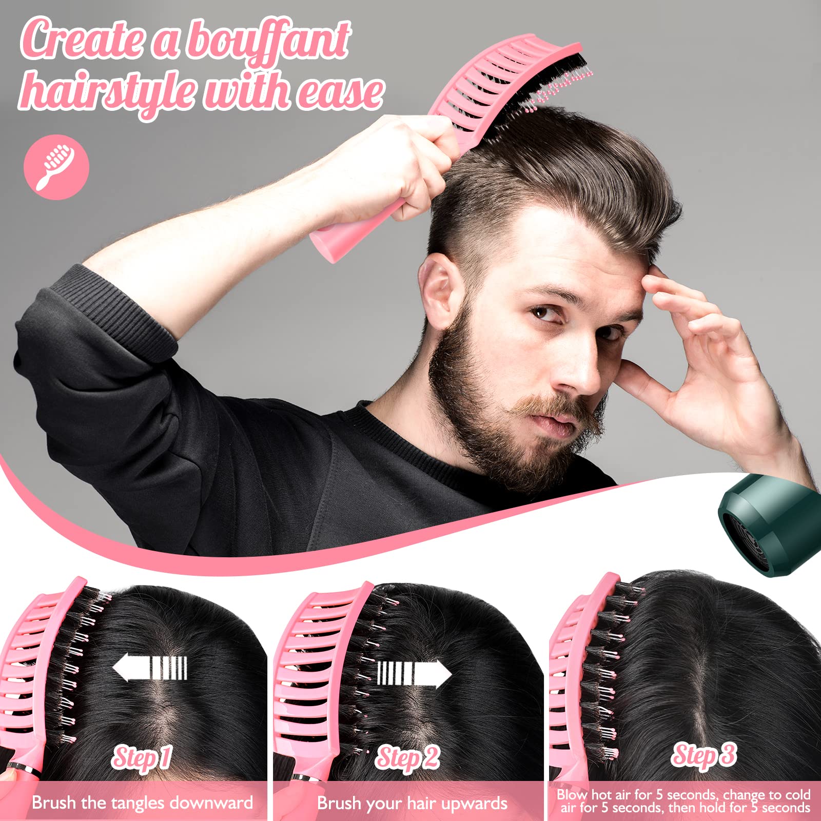 Hair Brush,URTHEONE Detangling Hairbrush Boar Bristle Curved Vented Hair Brush for Women Men Kids Curly Thick Long Short Wet or Dry Hair, Faster Blow Drying(2Pack, Black&Pink)