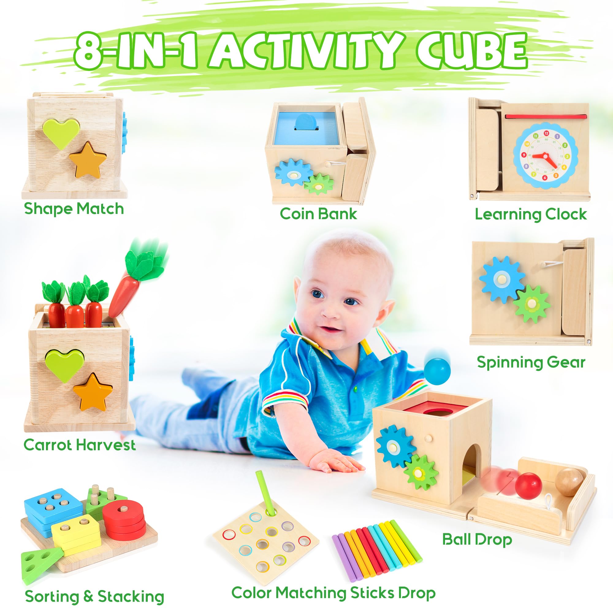 JUSTWOOD Montessori Toys for 1+ Year Old, 8-in-1 Wooden Play Kit Includes Object Permanent Box, Learning Activity Cube, Sorting & Stacking Toy, Carrot Harvest Game, Gift for Boys Girls Age 12+ Months