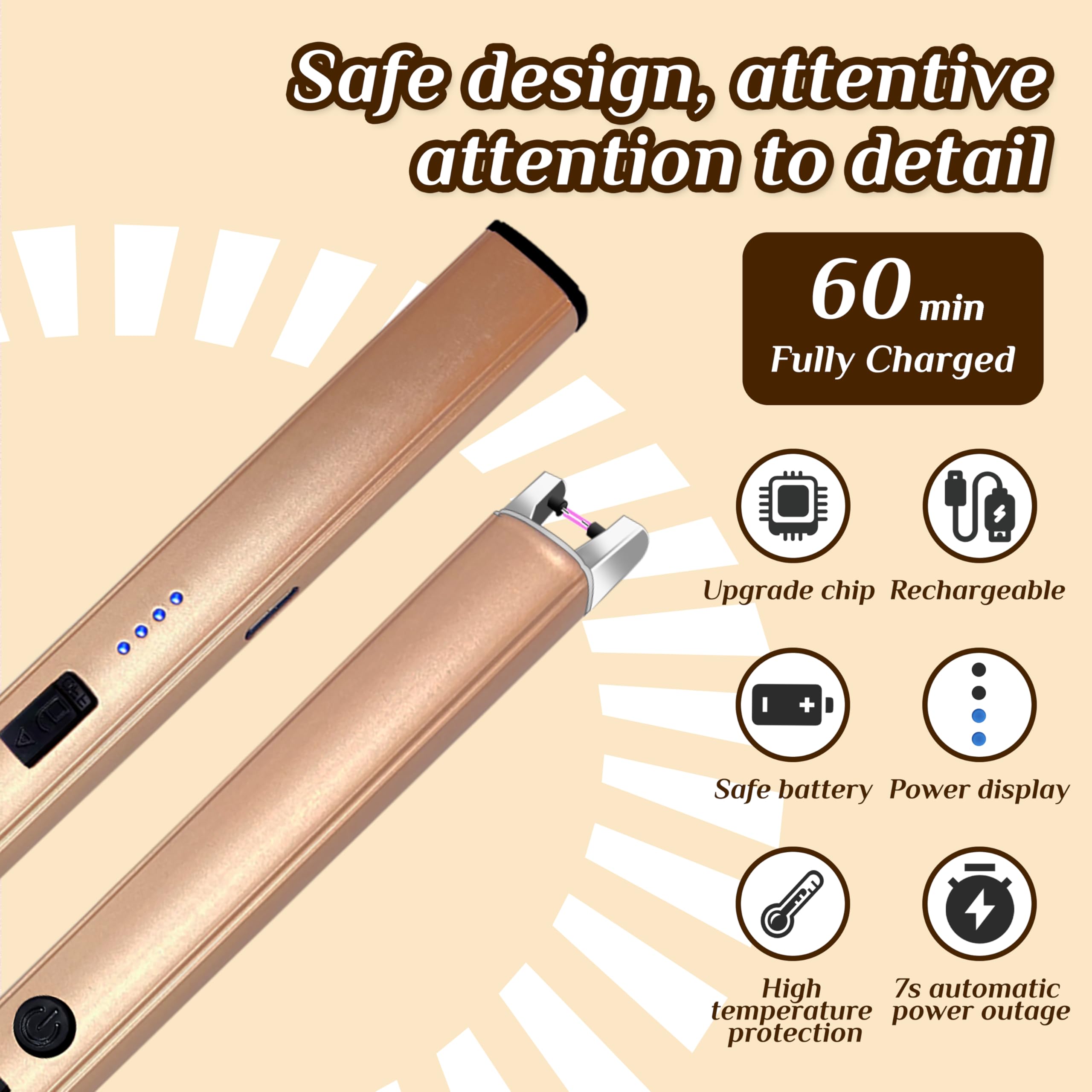 2 PCS Candle Lighter,Windproof Flameless Electric Lighter with LED Power Display & Safety Switch, Upgraded Plasma USB Rechargeable Lighters for Birthday Camping BBQ (Champagne Gold)