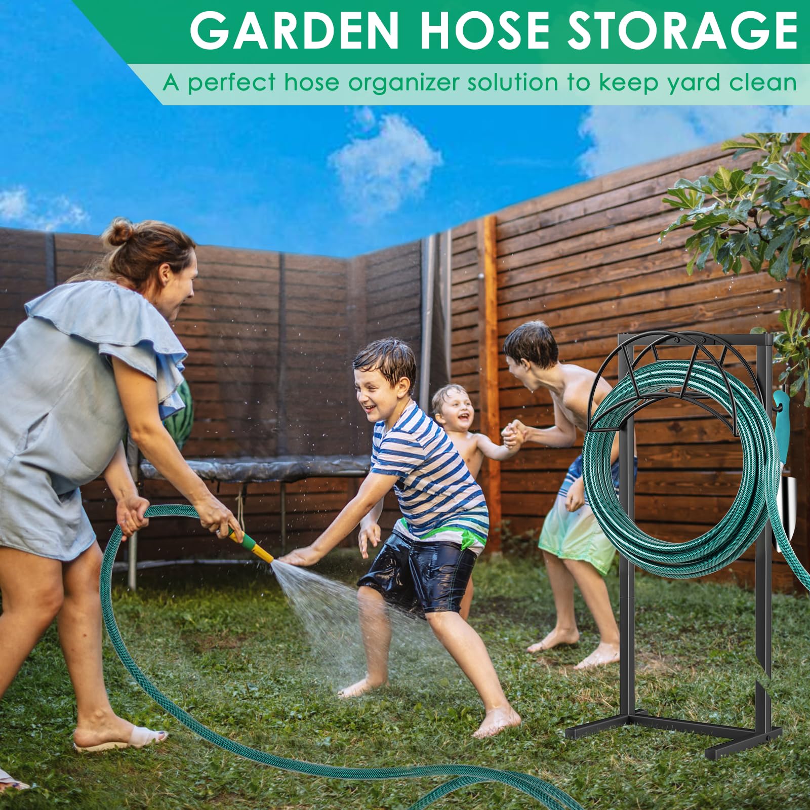 TomCare Garden Hose Holder Water Hose Holder 4 Spikes Garden Hose Reel Hose Stand Upgraded Hose Storage with Tool Hooks Garden Hose Hanger Hose Organizer Holds 150ft Hose for Outside Yard Lawn, Black
