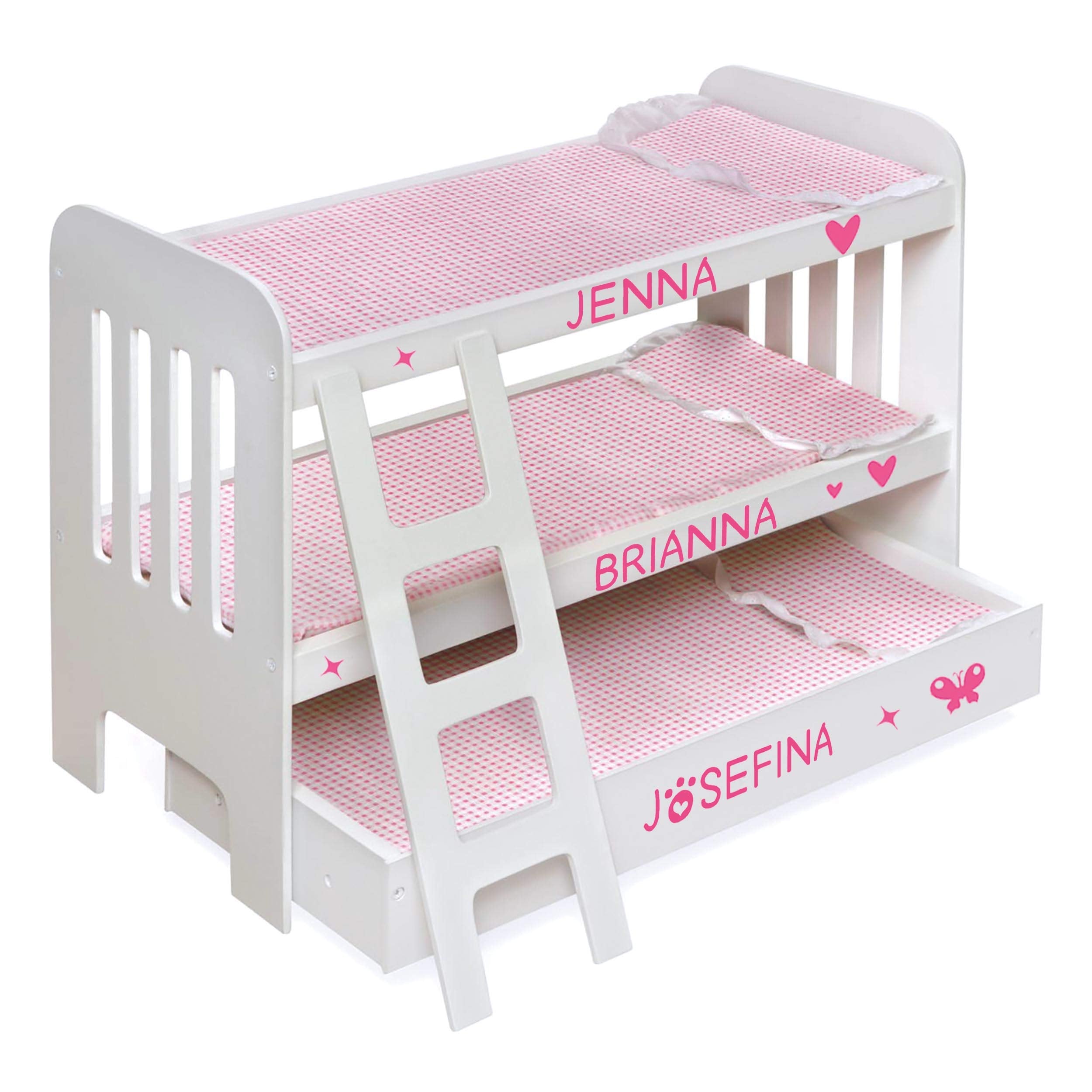 Badger Basket Wooden Trundle Doll Bunk Bed with Ladder, Bedding, and Personalization Kit - Fits 18-22 Inch Dolls, White/Pink for Pretend Play