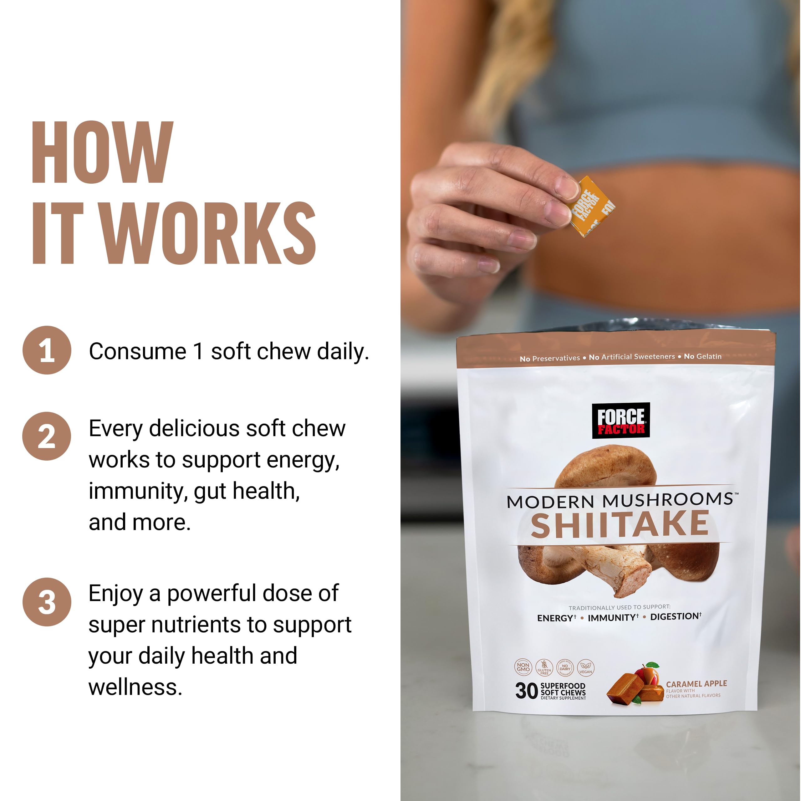 FORCE FACTOR Modern Mushrooms Soft Chews, Shiitake Mushrooms Supplement to Support Energy, Immunity, and Digestive Health, Antioxidants Supplement, Delicious Caramel Apple Flavor, 30 Soft Chews