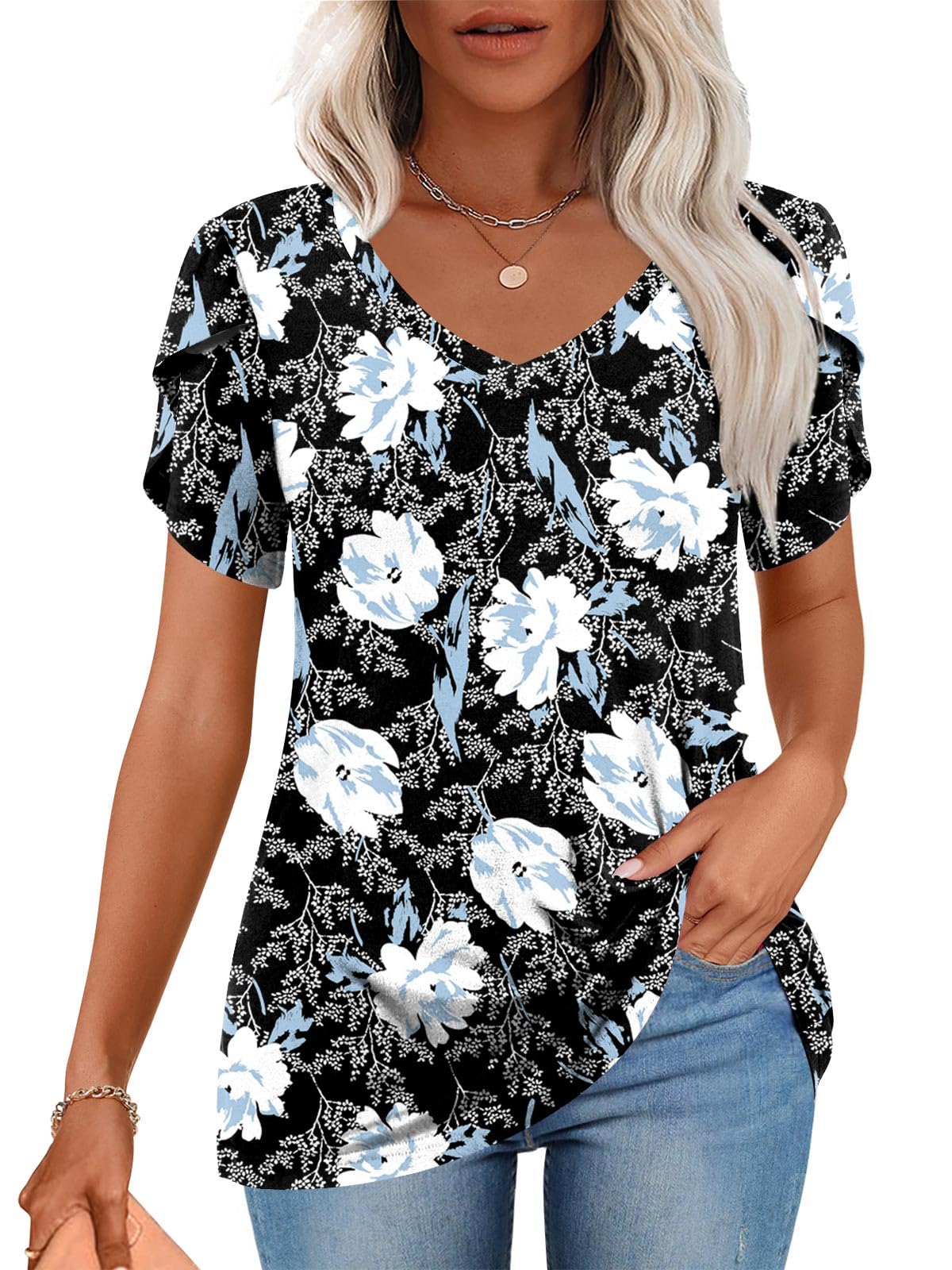 CATHY 2025 Womens Tops Summer Short Sleeve T-Shirts Casual V Neck Tunic Blouse for Leggings Floral White Lily Large