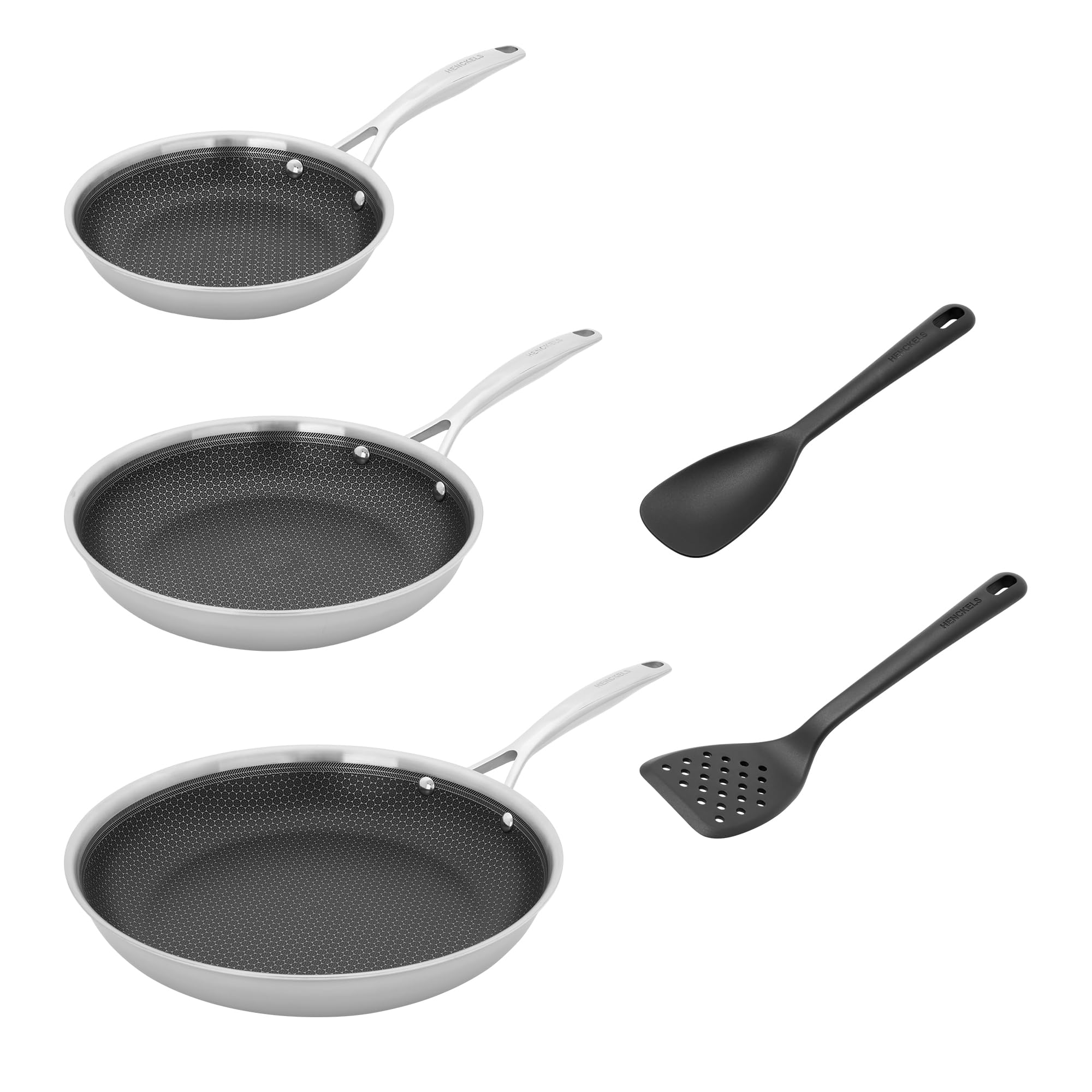 HENCKELS Paradigm 5-pc Cookware Set, Nonstick Frying Pan and Silicone Utensil Set, 3-Ply Stainless Steel Skillets for Induction Cooktop, Gas & Electric Stovetops – Dishwasher Safe & Oven Safe