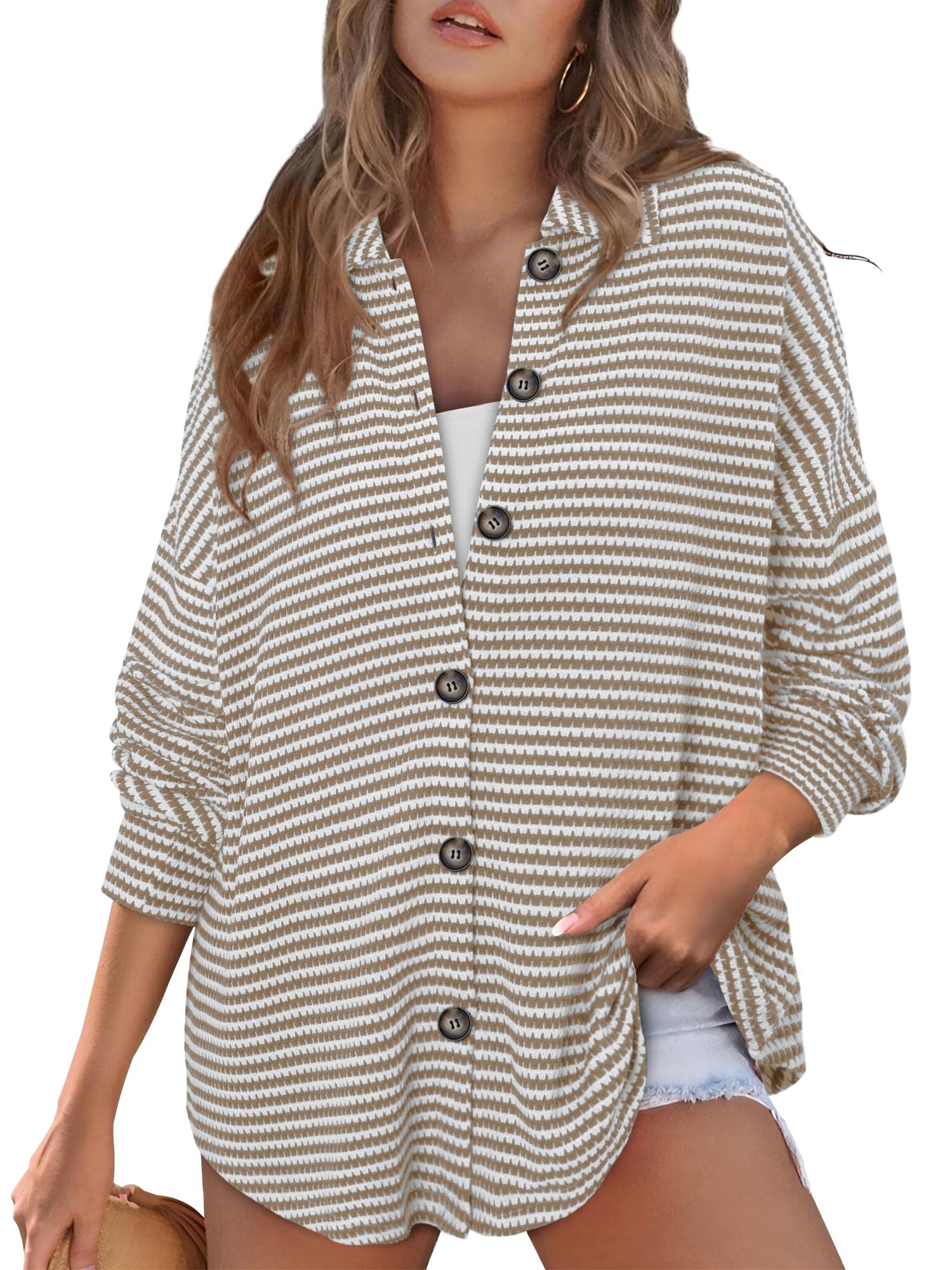 BETTE BOUTIK Womens Sweatshirt Fall Winter Fashion Tunic Tops Boho Long Sleeve Crochet Waffle Knit Loose Casual Shirt Flowy Cute Comfy Shacket Jacket Off White Stripes S