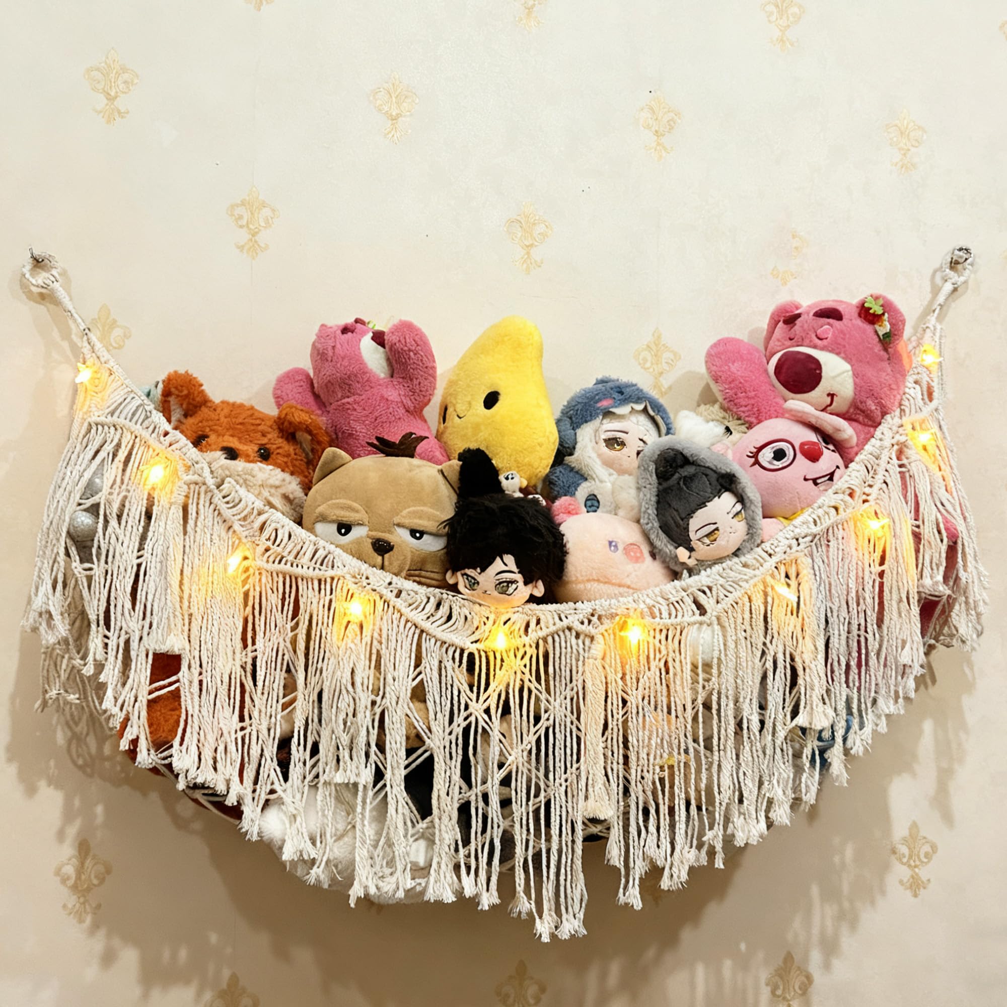 Stuffed Animal Hammock or Net With LED Lights Extra Large Wall Hanging Stuffed Animal Storage Nets for Teddy Bear Handmade Macrame Hanging Toy Net Hammock for Stuffed Animal Storage (Beige)
