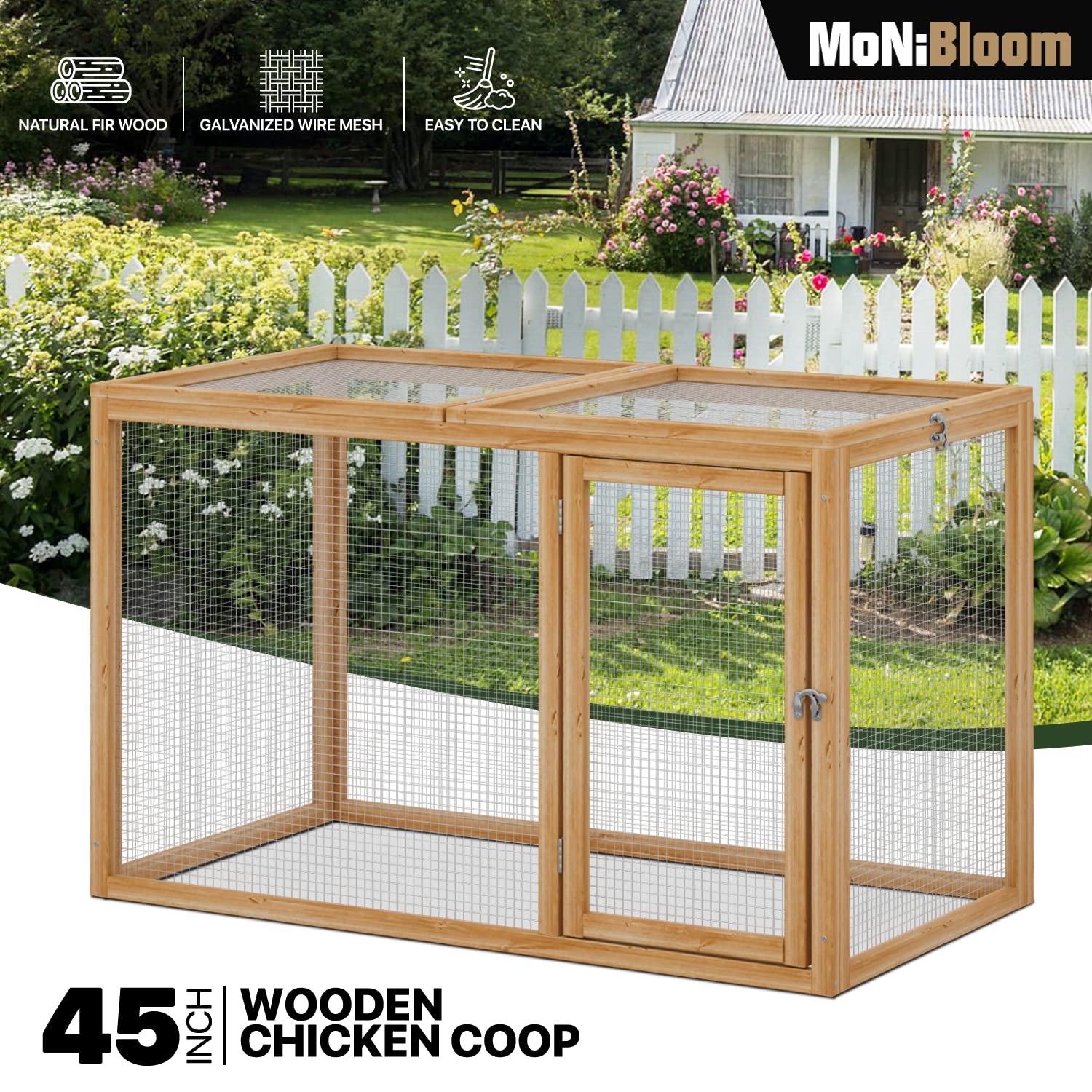 MoNiBloom Chicken Run for Yard Wood Chicken Cage Rabbit Hutch Bunny Pen with Openable Roof and Side Door, Outdoor Lockable Duck Coop Small Animal Habitat Enclosure Hen Coop Add-Ons, 45 x 24 x 28 inch