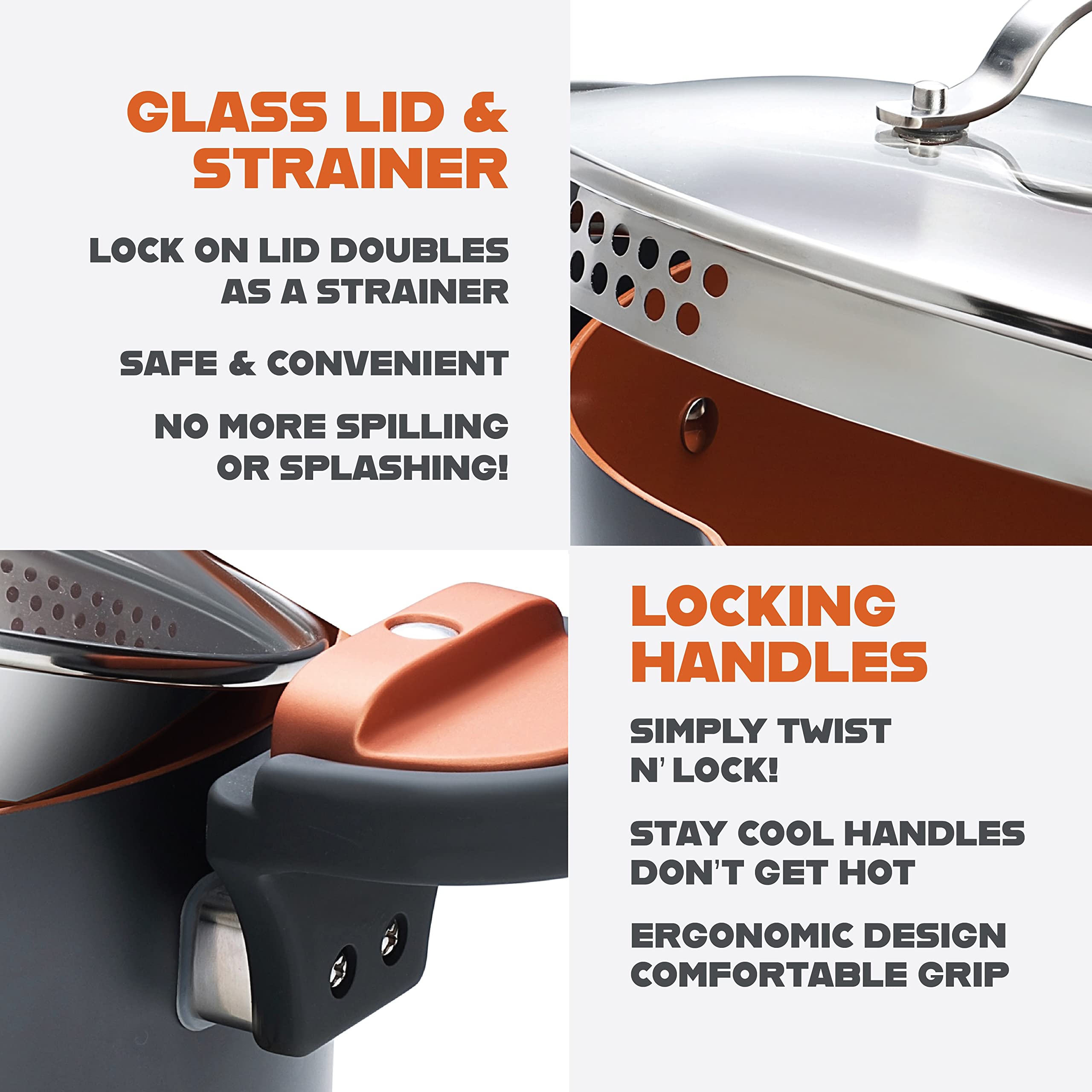 GOTHAM STEEL 5 Qt Ceramic Stock Pot Multipurpose Pasta Pot with Strainer Lid & Twist and Lock Handles, Nonstick Ceramic Pot for Soup, Spaghetti, Rice, Pots for Kitchen, Dishwasher Safe - Copper