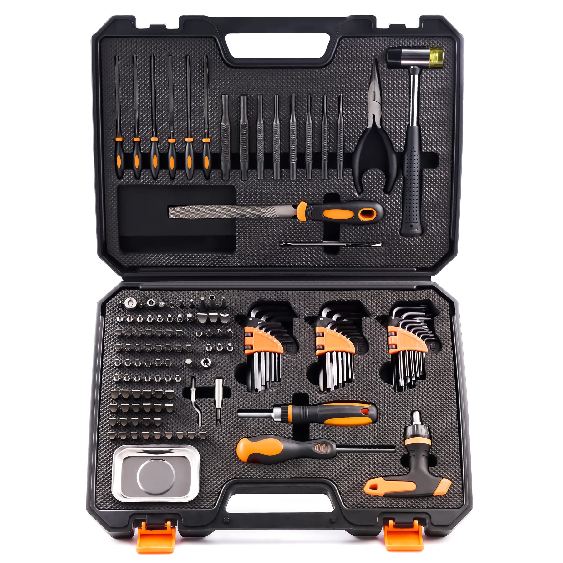 KNINE OUTDOORS Screwdriver Set Repair Kit Maintenance Tools with File Set, Hex Key Set, Ergonomical Designed T-BAR Ratcheting Wrench Rubber Mallet Bits Wrenches Adapters Pin Punches, 138 Set