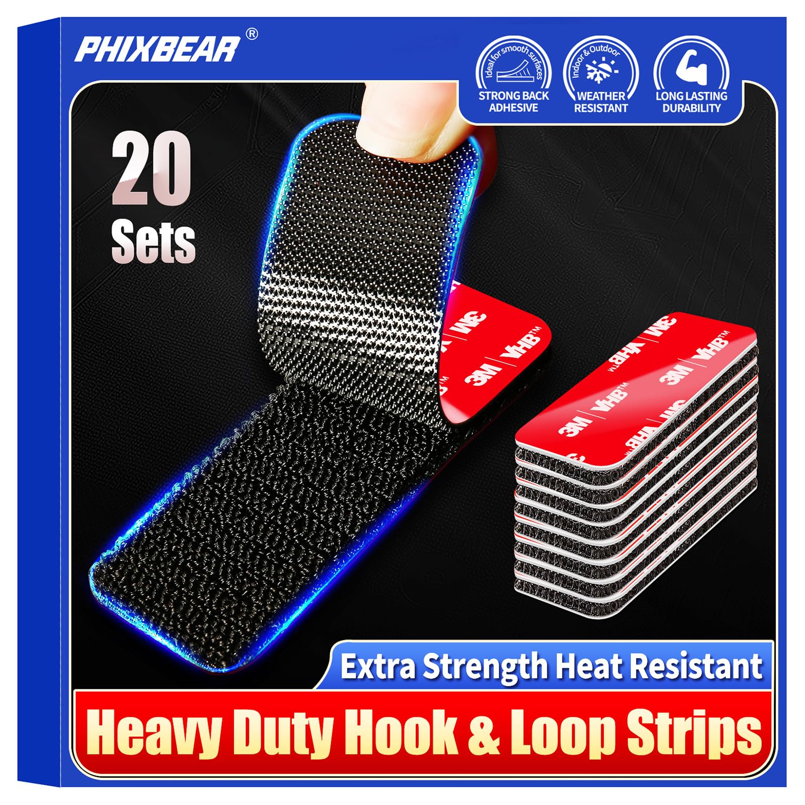 PHIXBEAR 20 Sets Super Adhesive Hook and Loop Strips Heavy Duty, Made of 3M VHB, Heat Resistant Waterproof, Outdoor or Indoor Use, Black 1.2x3.2 Inch
