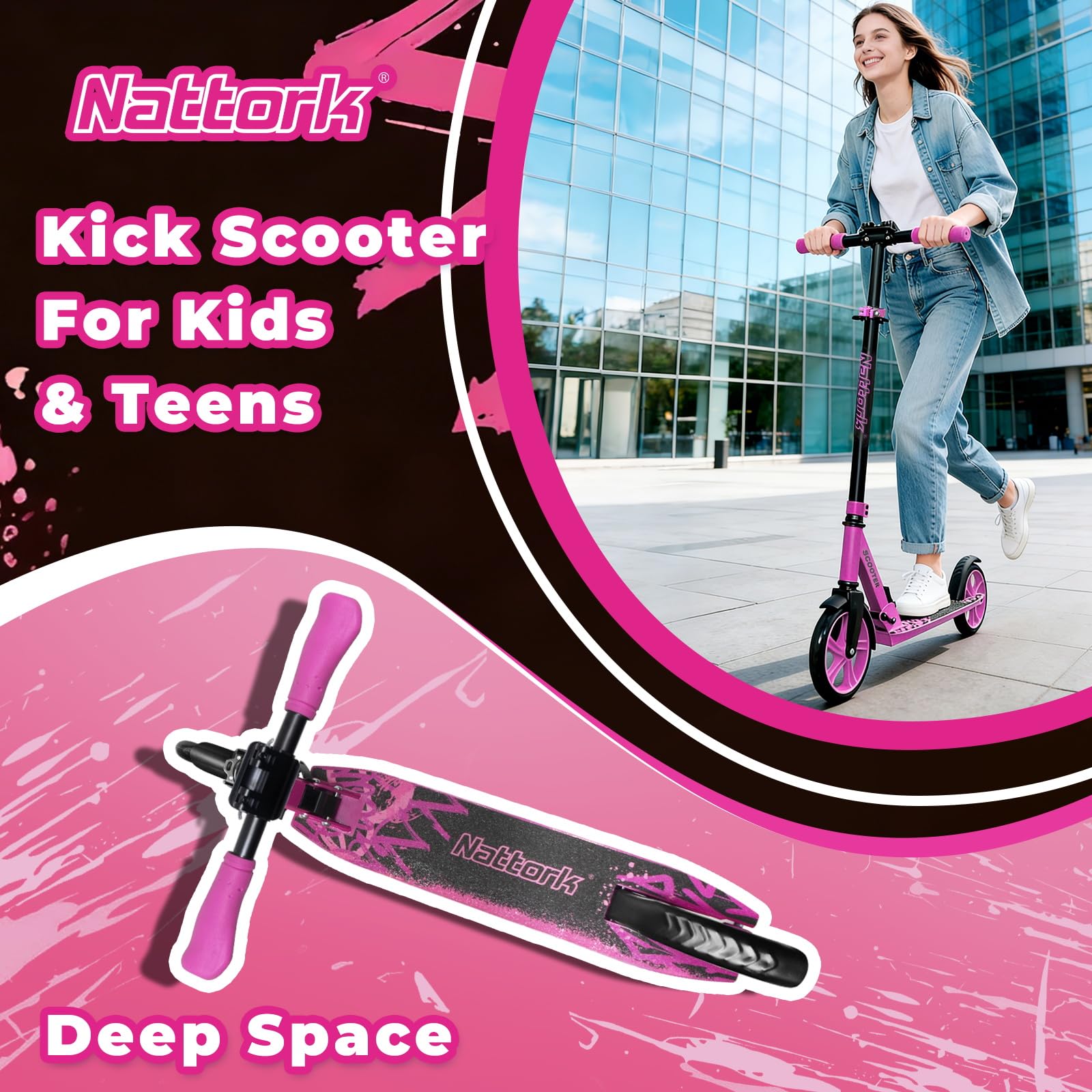 Nattork Scooter for Kids 8-12, Teens and Adults- Adjustable Height Folding Kick Scooter with Large Sturdy Wheels for a Smooth Ride, Lightweight, Anti-Shock Suspension for Boys and Girls