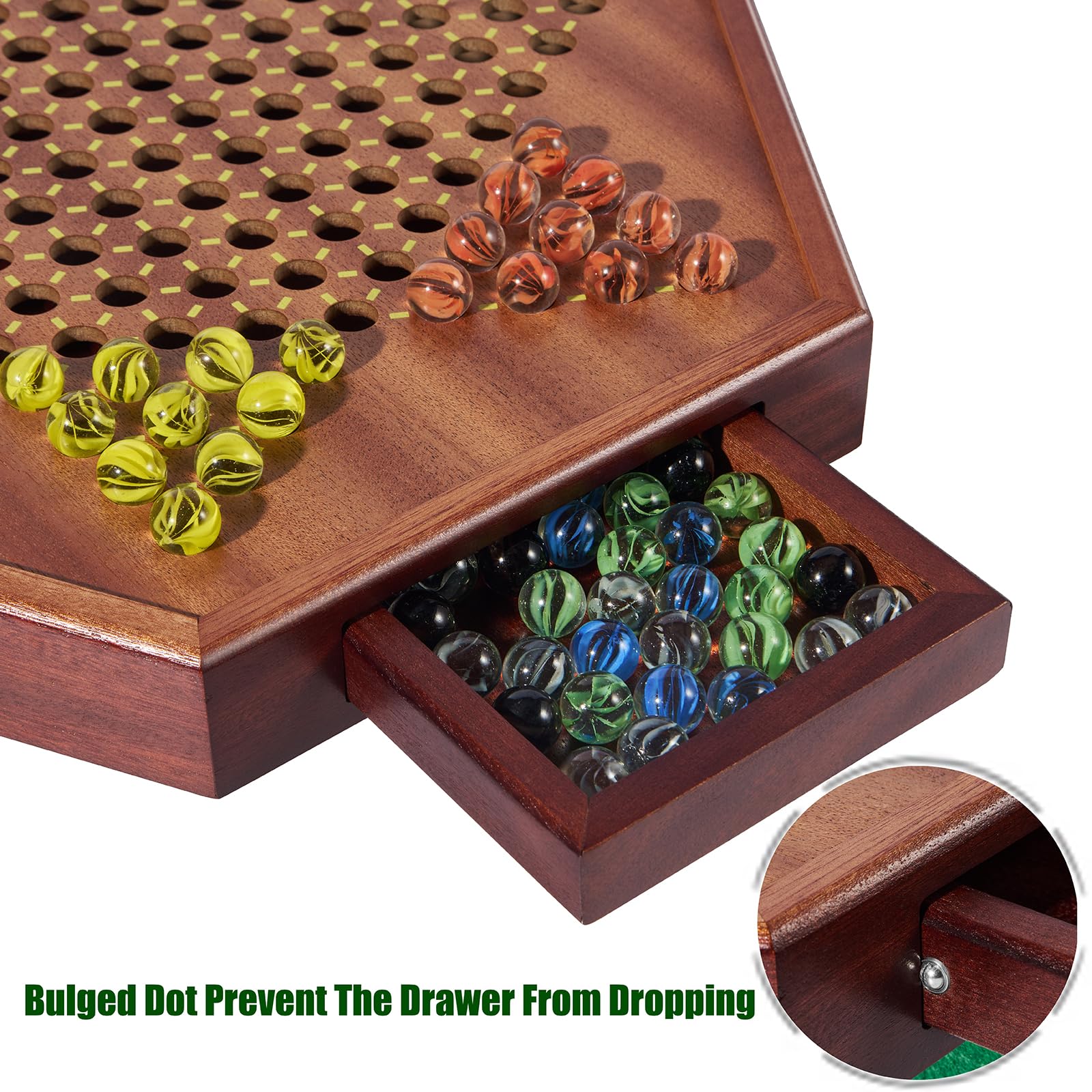 VAMSLOVE Chinese Checkers 15" Large Upgraded Version Wooden Game Board, 16mm 60+12 Colorful Glass Marbles, Easy Grasping for Adults and Kids, w/Storage Drawer, Fun for Family Gathering