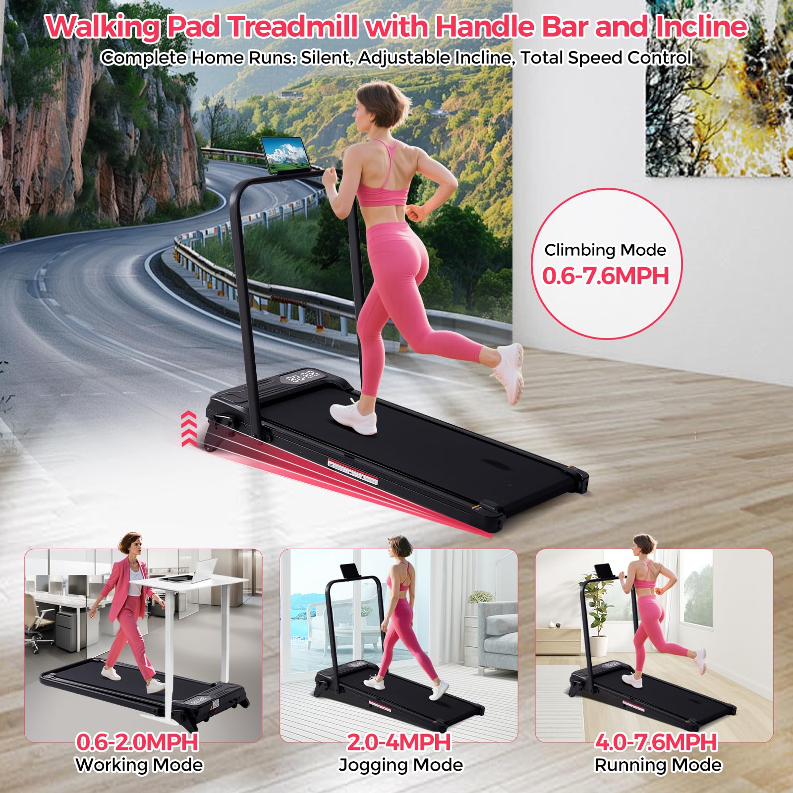 Walking Pad with Handle Bar & Adjustable Incline, 350LBS Compact Under The Desk Treadmill, 4-in-1 Portable Small Treadmills with Handles for Home Small Spaces, 3.5HP Electric Walking Pads, 0.6-7.6MPH